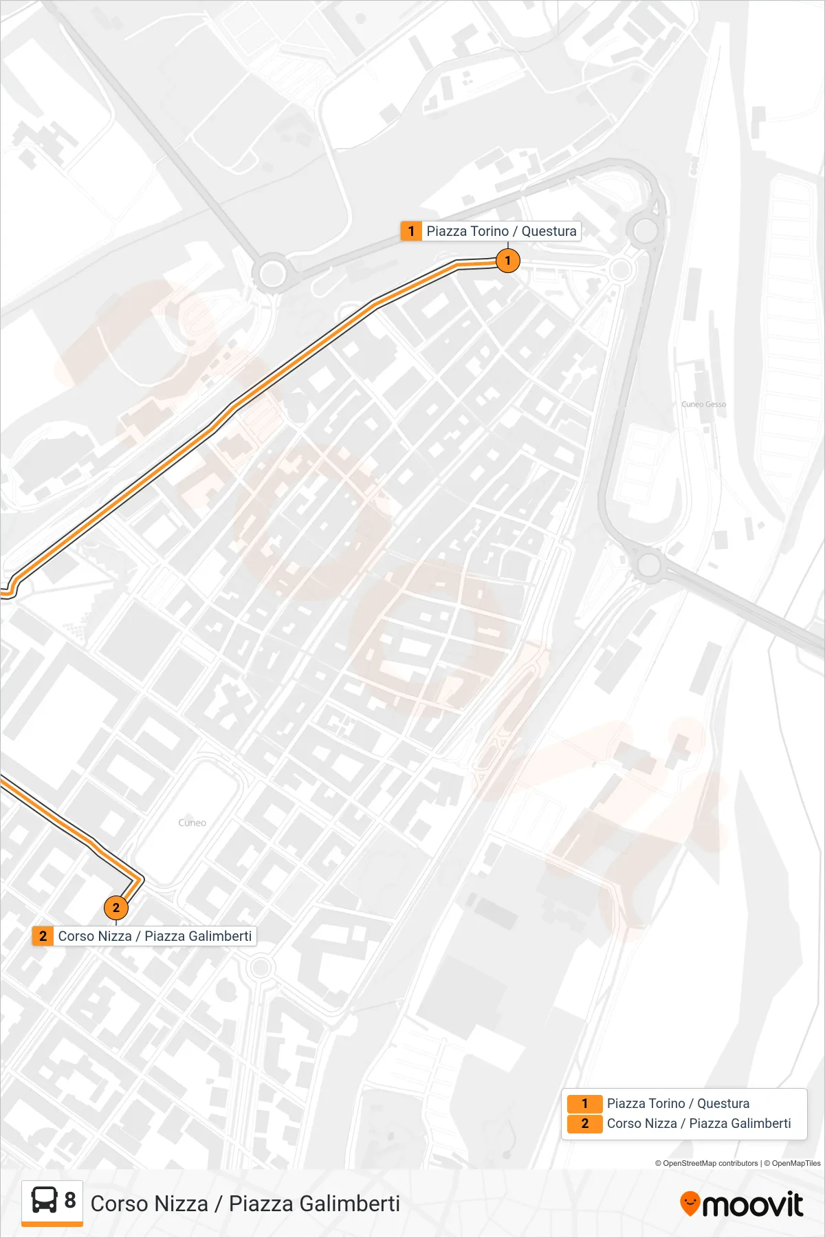Linea 8 bus (Corso Nizza / Piazza Galimberti) - Percorsi e fermate sulla mappa