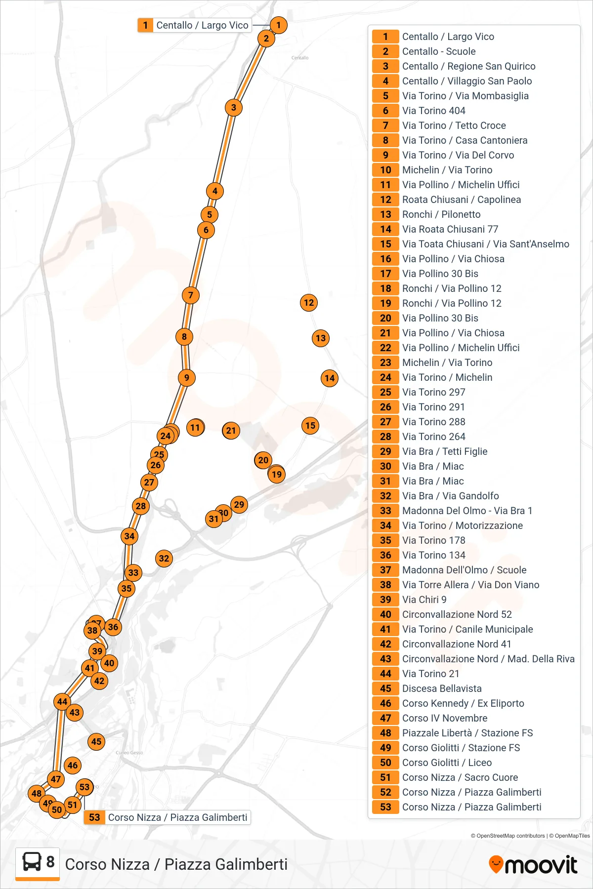 Linea 8  bus (Corso Nizza / Piazza Galimberti) - Percorsi e fermate sulla mappa