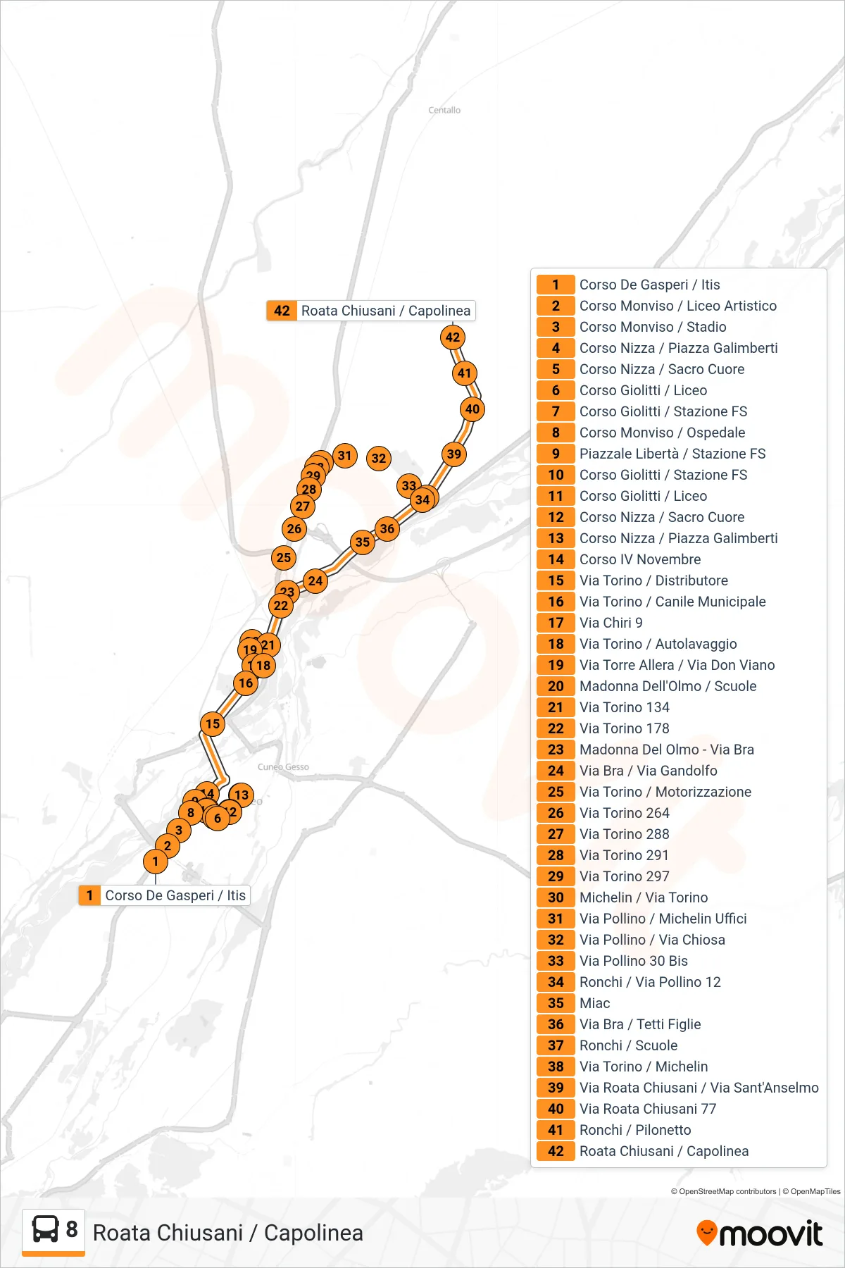 Linea 8 bus (Roata Chiusani / Capolinea) - Percorsi e fermate sulla mappa
