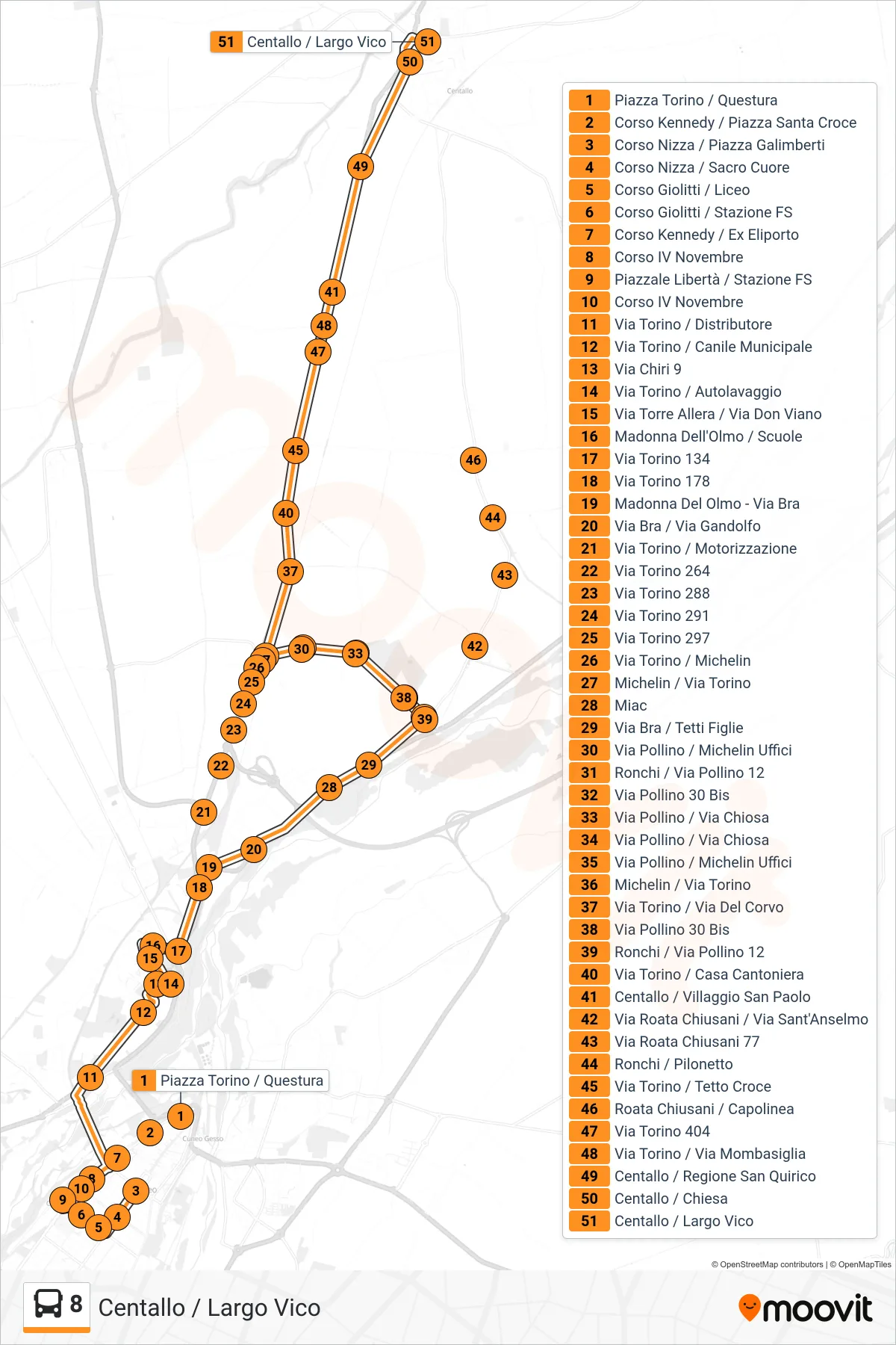 Linea 8 bus (Centallo / Largo Vico) - Percorsi e fermate sulla mappa