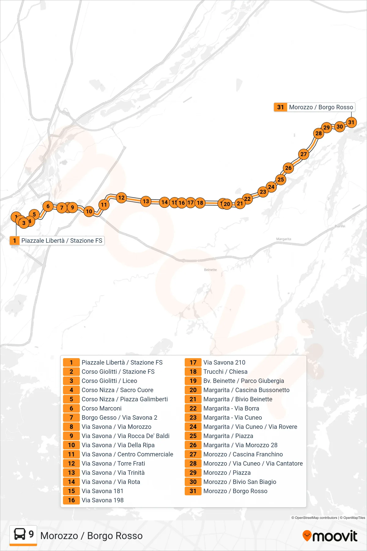 Linea 9  bus (Morozzo / Borgo Rosso) - Percorsi e fermate sulla mappa
