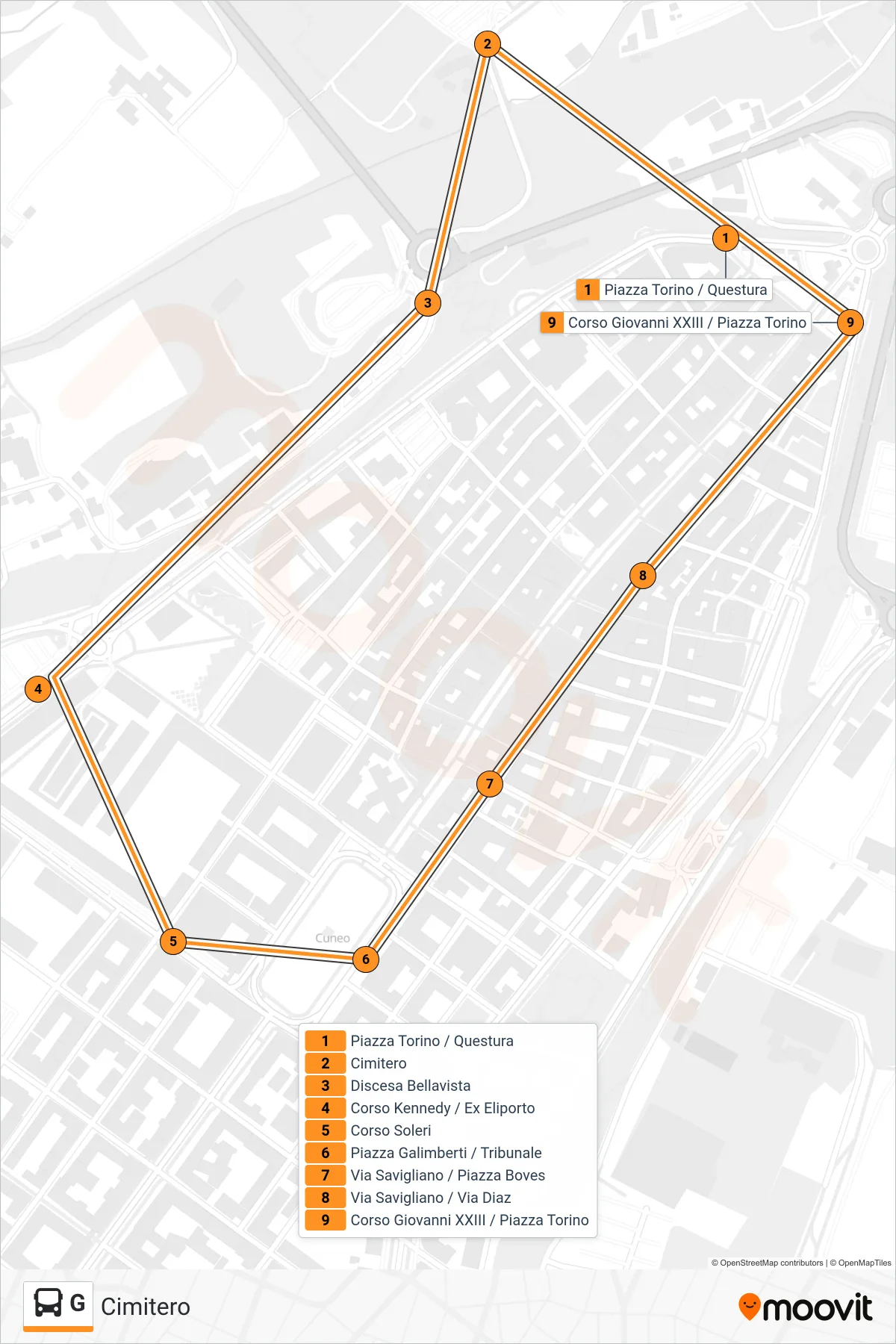 Linea G bus (Cimitero) - Percorsi e fermate sulla mappa