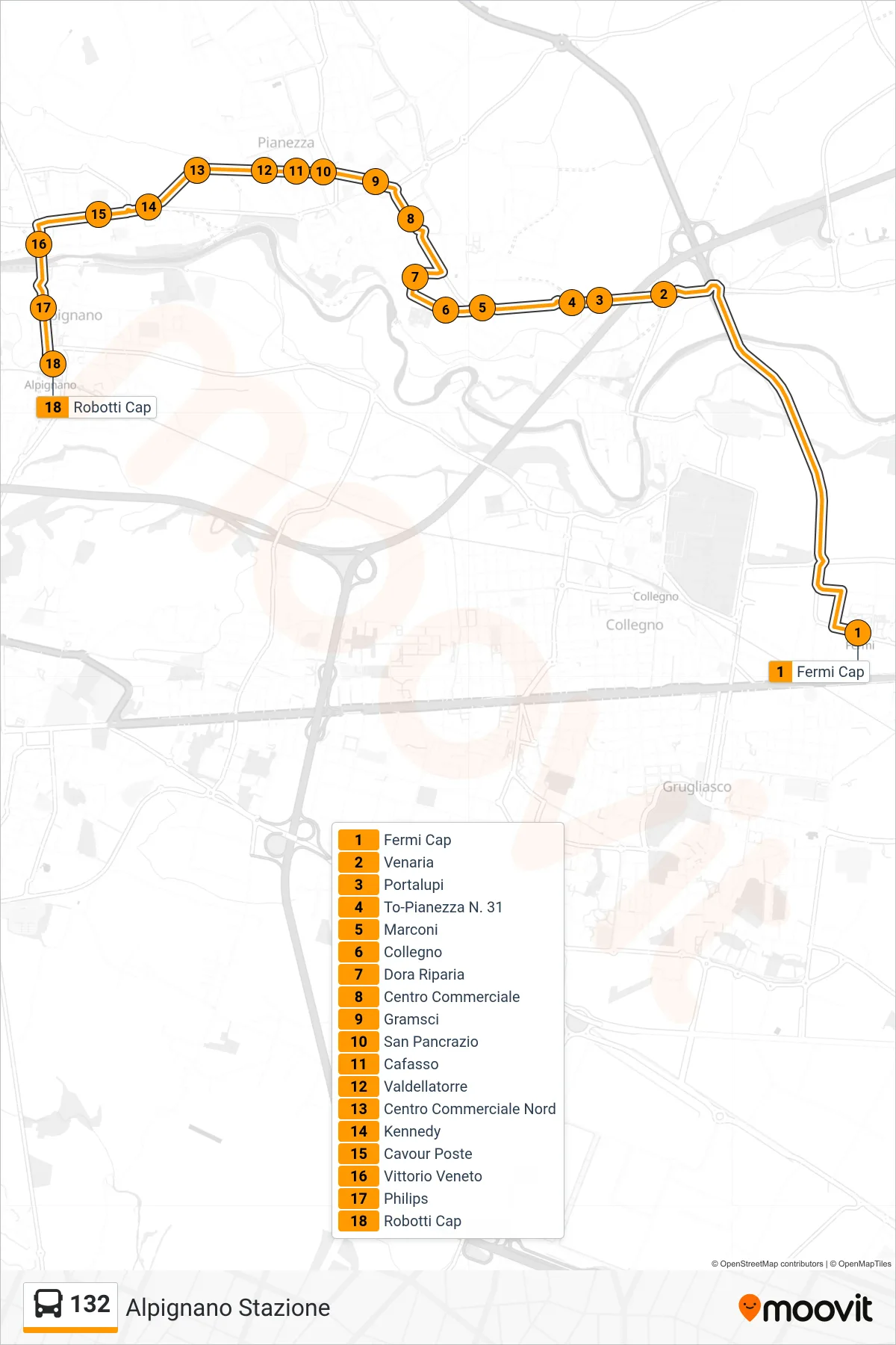 Linea 132  bus (Alpignano Stazione) - Percorsi e fermate sulla mappa