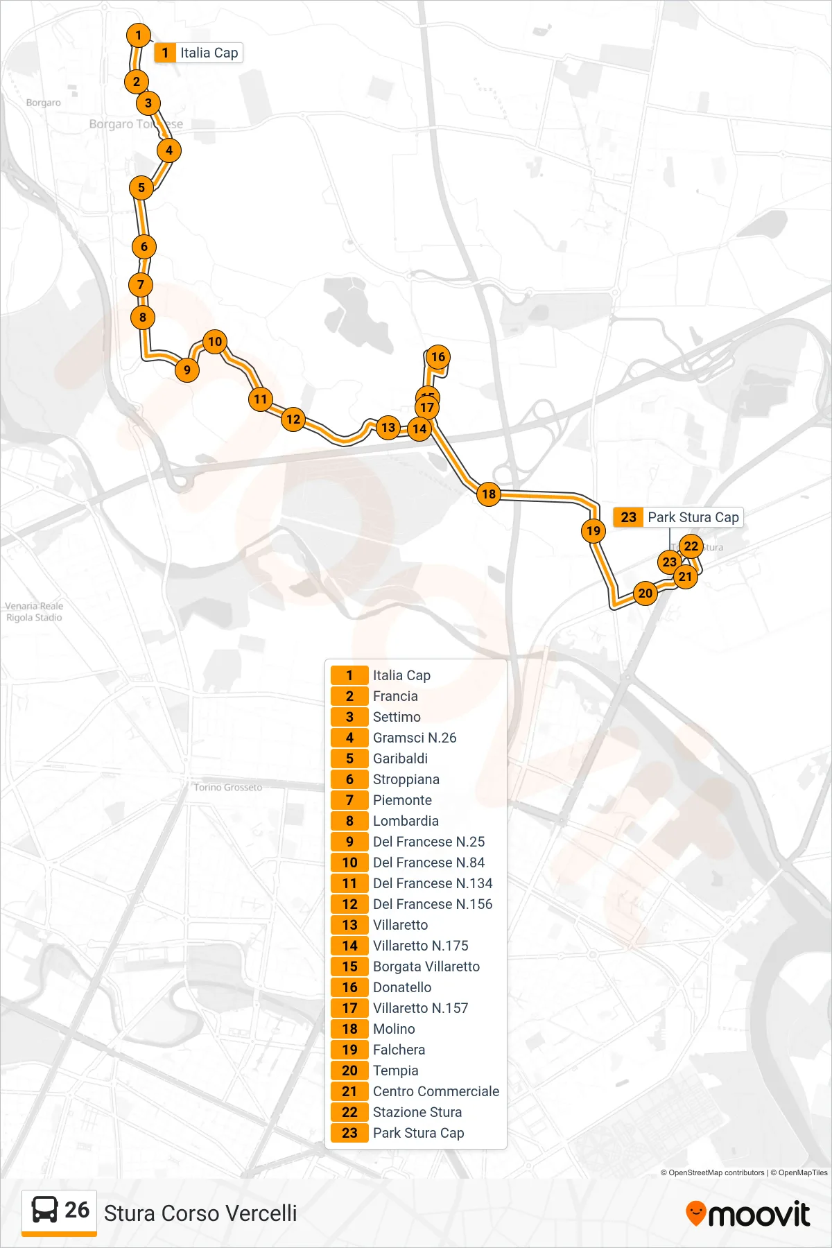 Linea 26 bus (Stura Corso Vercelli) - Percorsi e fermate sulla mappa