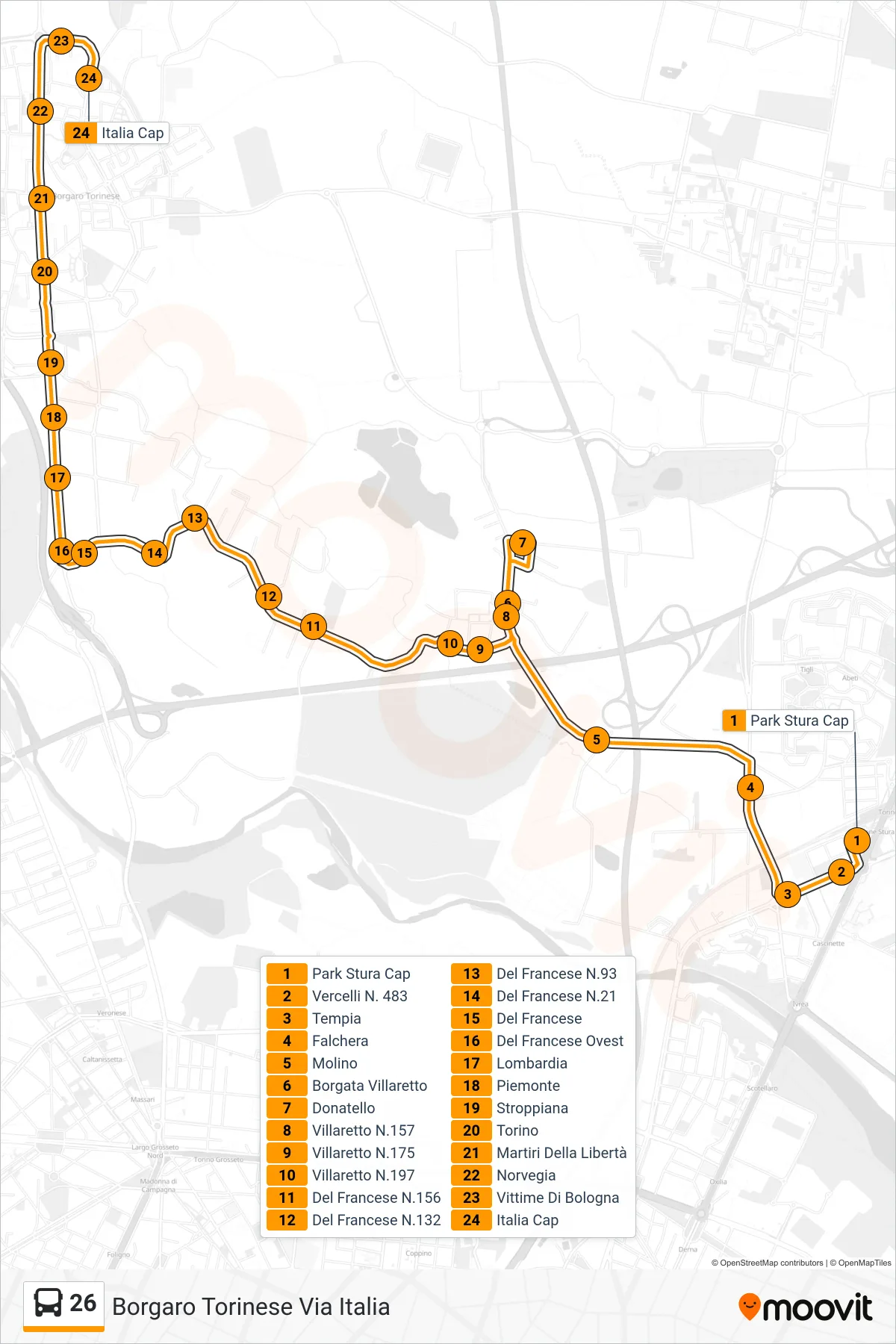 Linea 26  bus (Borgaro Torinese Via Italia) - Percorsi e fermate sulla mappa