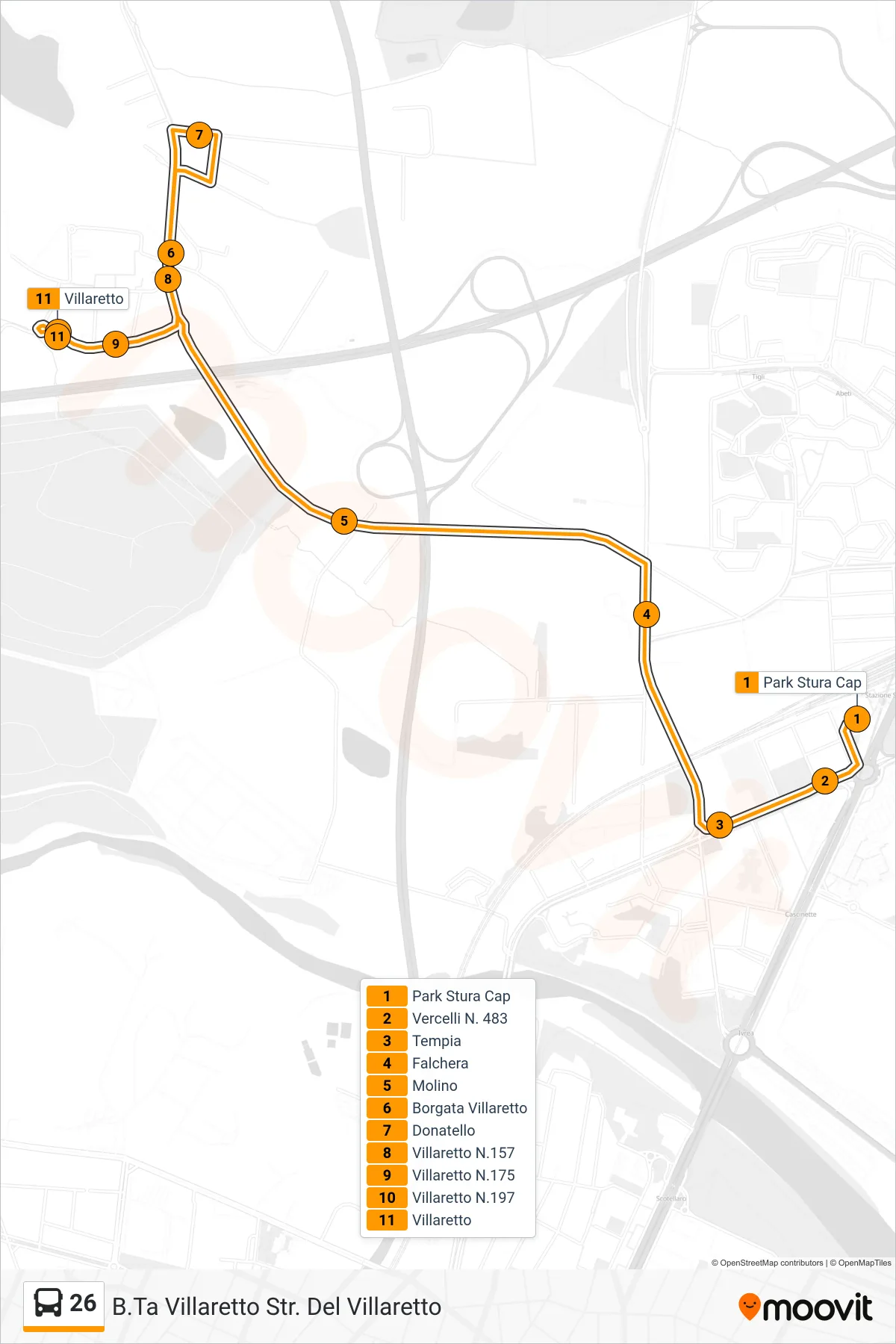 Linea 26 bus (B.Ta Villaretto Str. Del Villaretto) - Percorsi e fermate sulla mappa