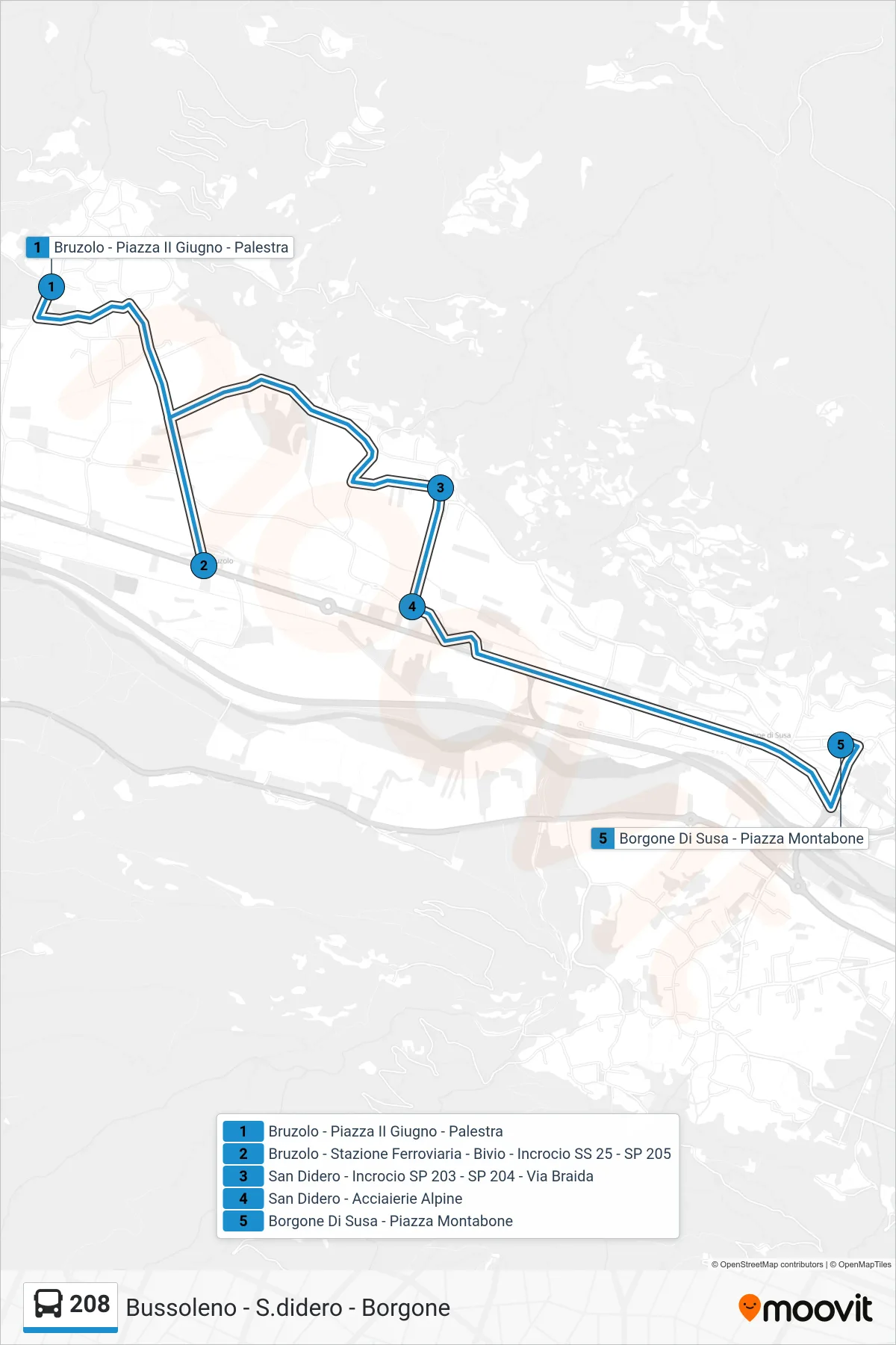 Linea 208  bus (Borgone Di Susa - Via Tarro Boiro) - Percorsi e fermate sulla mappa