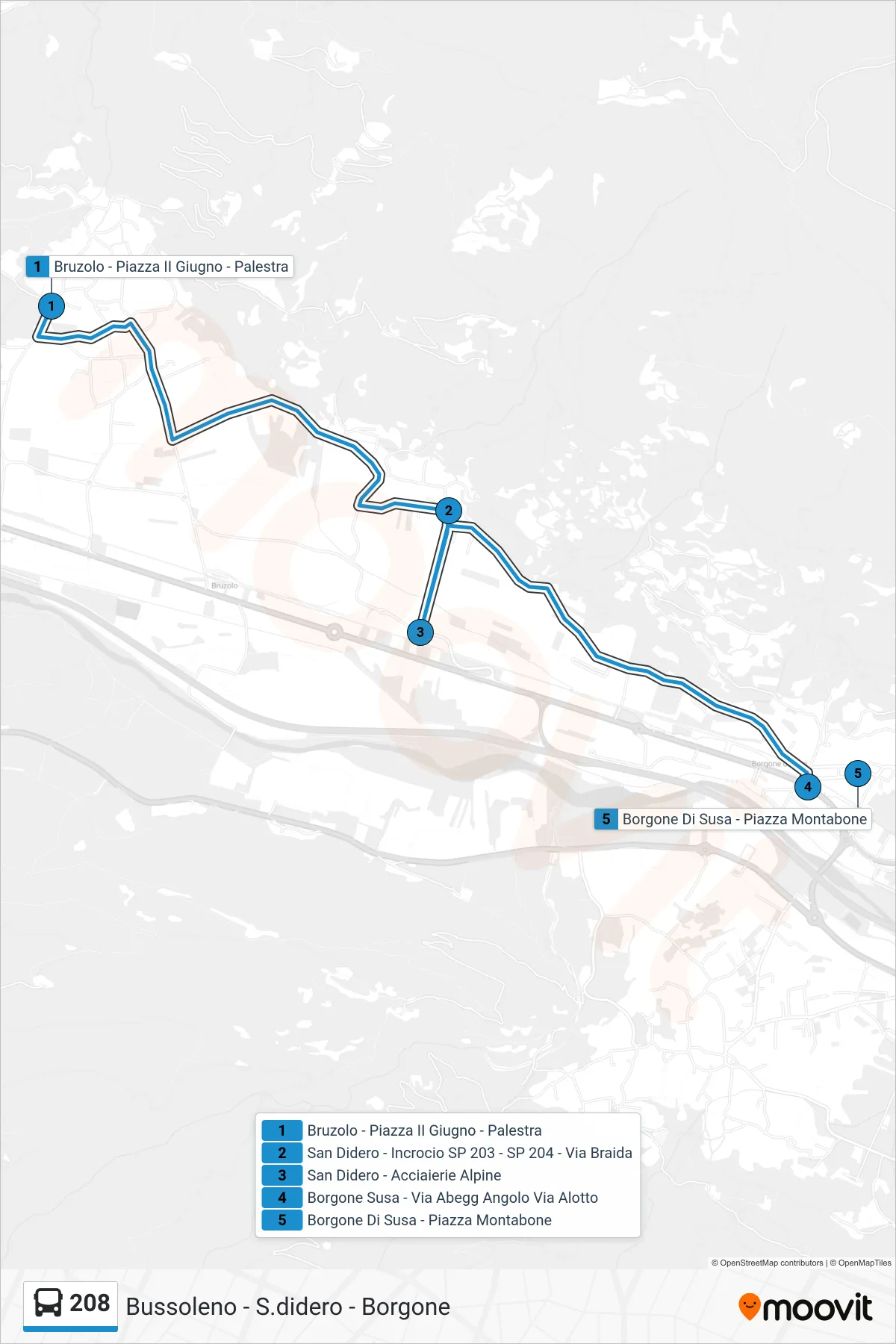 Linea 208  bus (Borgone Di Susa - Piazza Montabone) - Percorsi e fermate sulla mappa