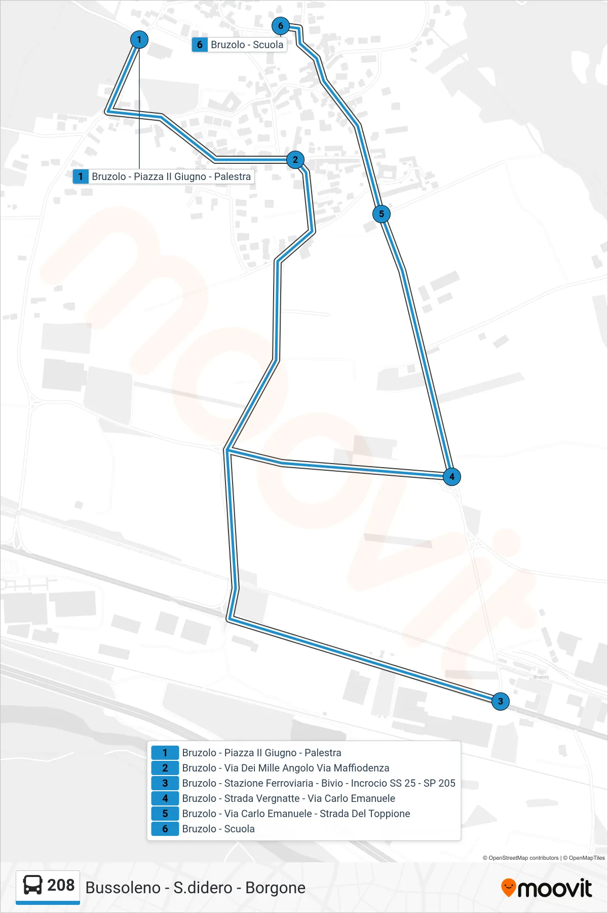 Linea 208  bus (Bruzolo - Scuola) - Percorsi e fermate sulla mappa