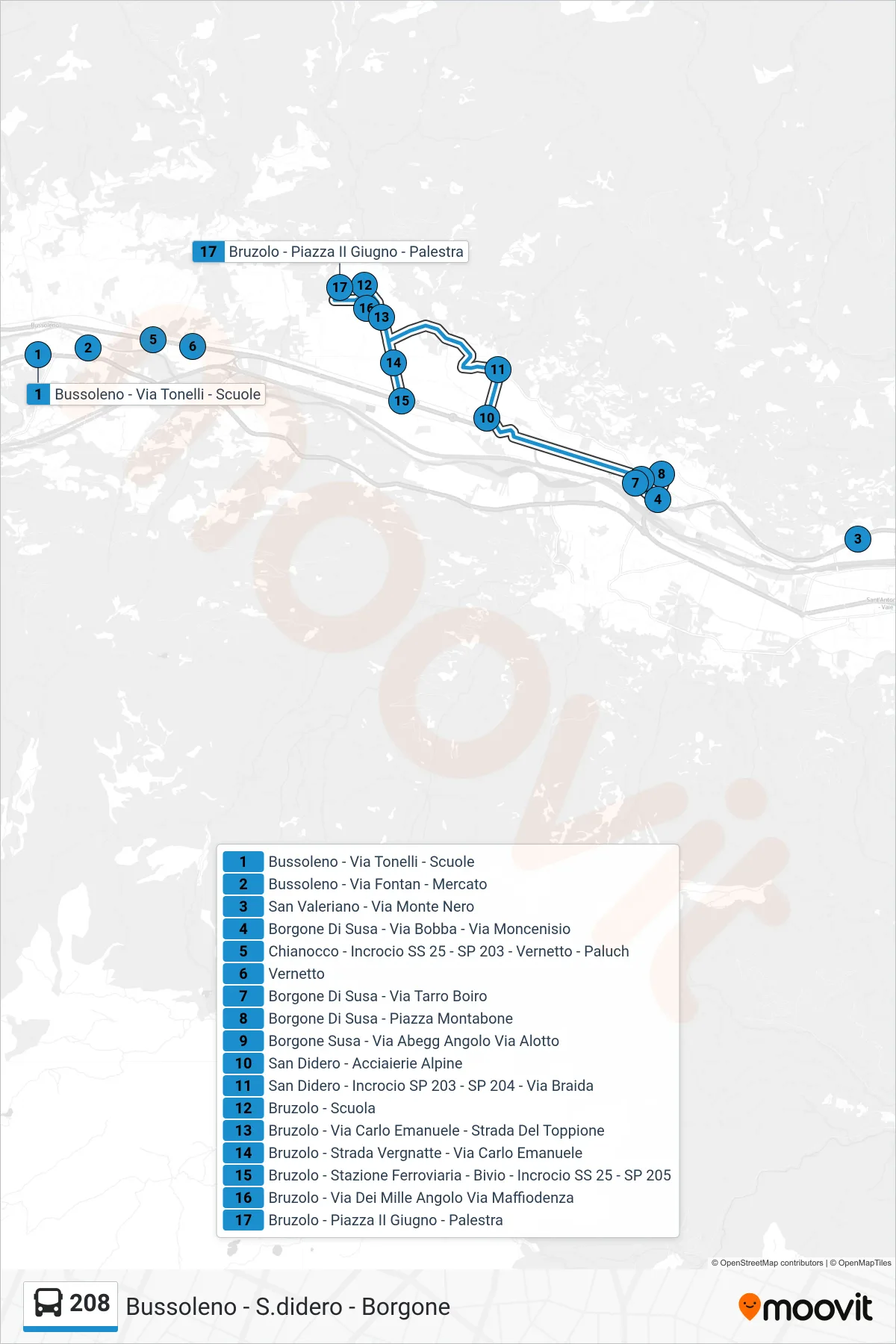 Linea 208 bus (Bruzolo - Piazza II Giugno - Palestra) - Percorsi e fermate sulla mappa