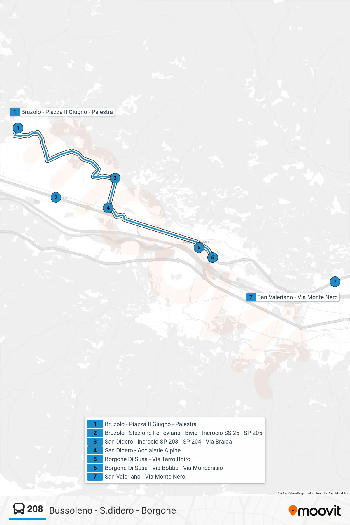 Linea 208 bus (San Valeriano - Via Monte Nero) - Percorsi e fermate sulla mappa