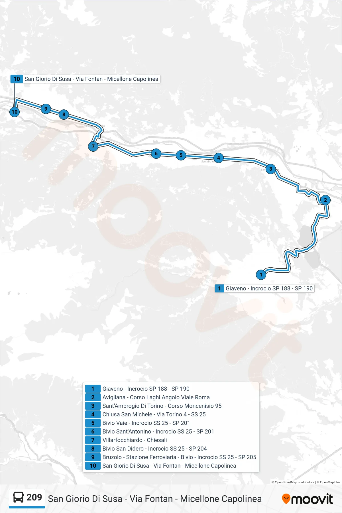 Linea 209 bus (San Giorio Di Susa - Via Fontan - Micellone Capolinea) - Percorsi e fermate sulla mappa