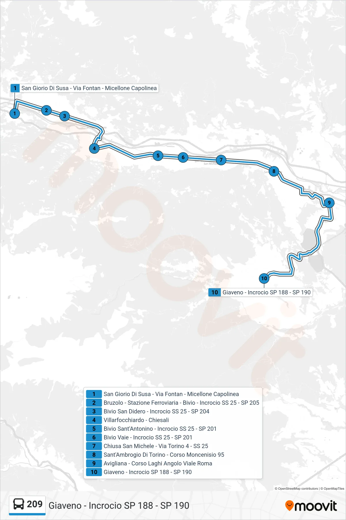 Linea 209 bus (Giaveno - Incrocio SP 188 - SP 190) - Percorsi e fermate sulla mappa