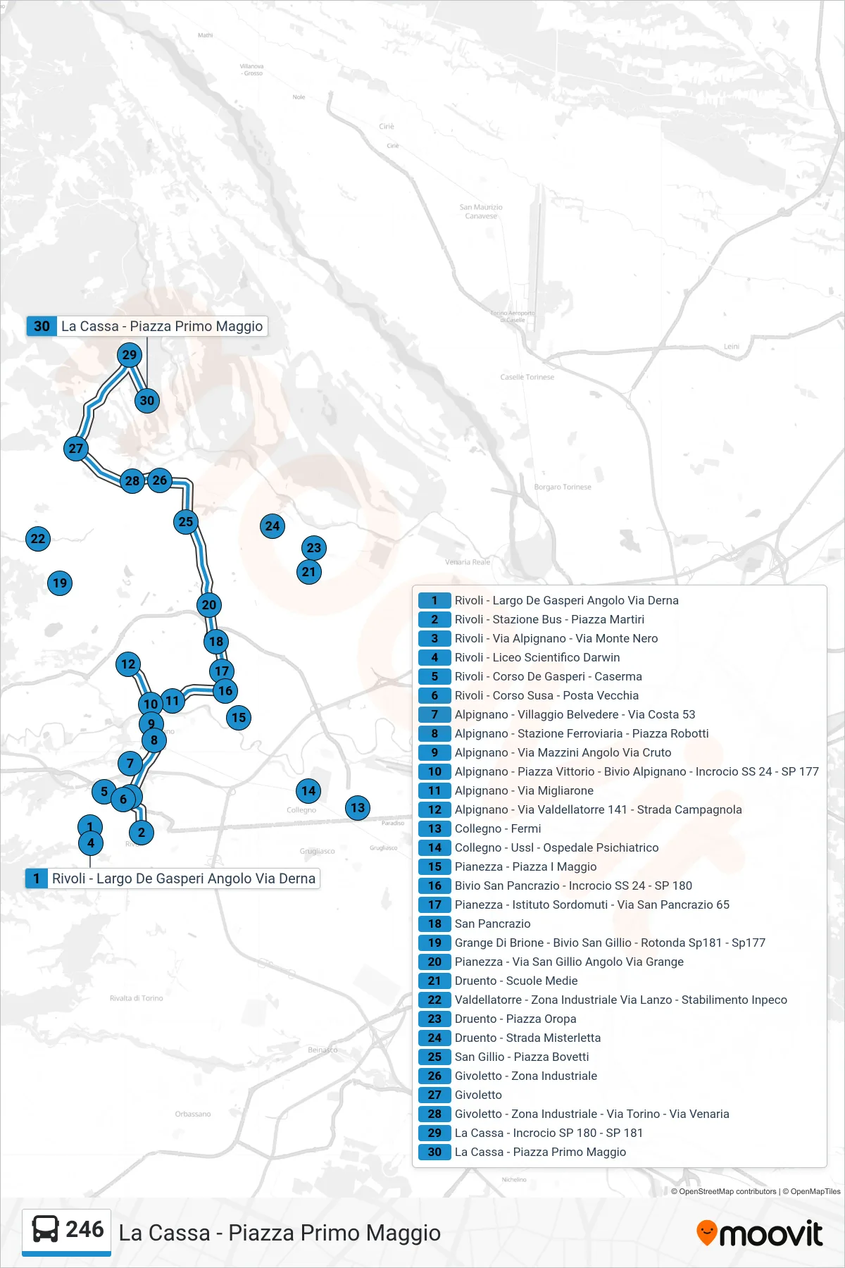 Linea 246 bus (La Cassa - Piazza Primo Maggio) - Percorsi e fermate sulla mappa