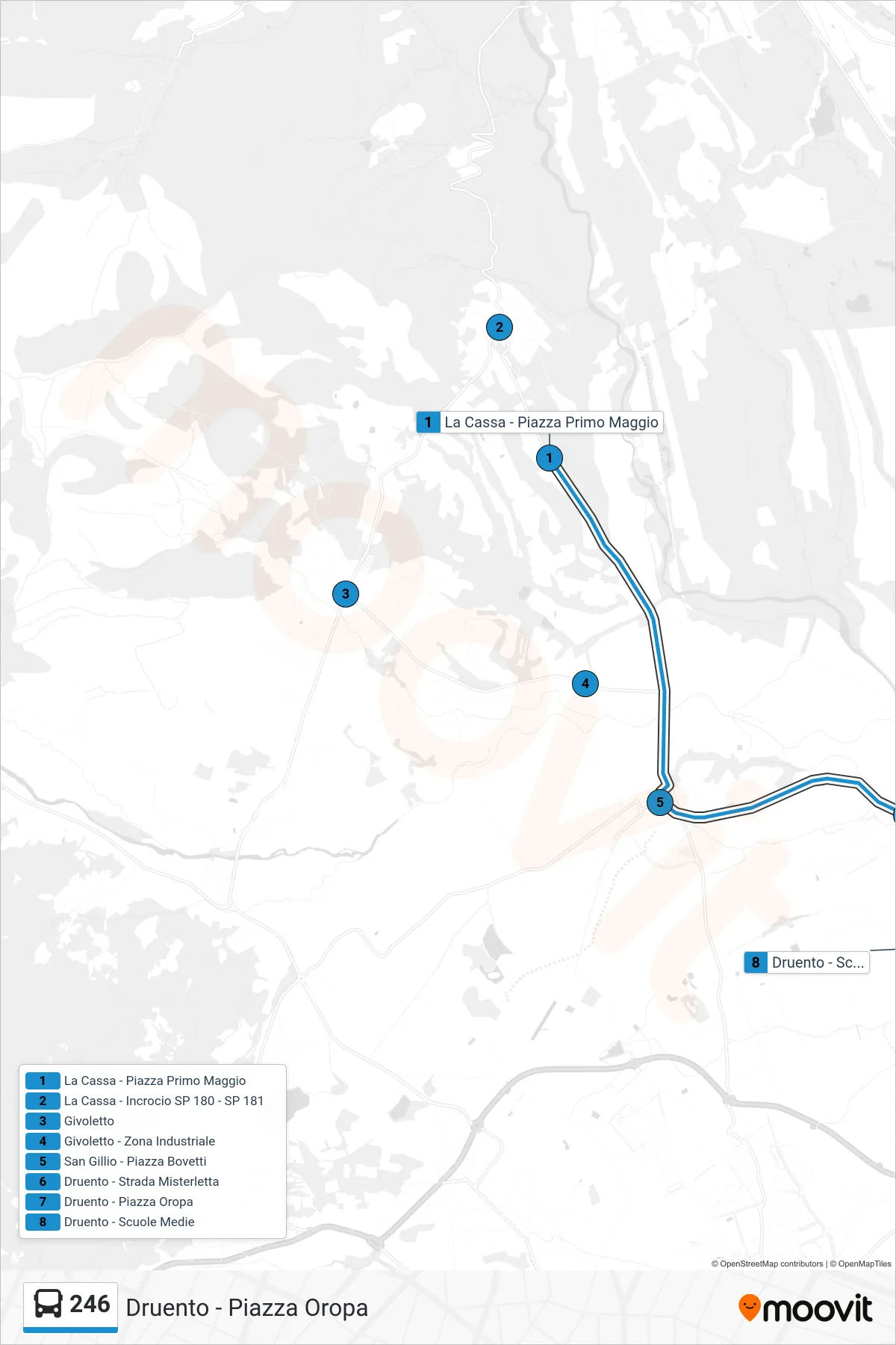Linea 246 bus (Druento - Piazza Oropa) - Percorsi e fermate sulla mappa