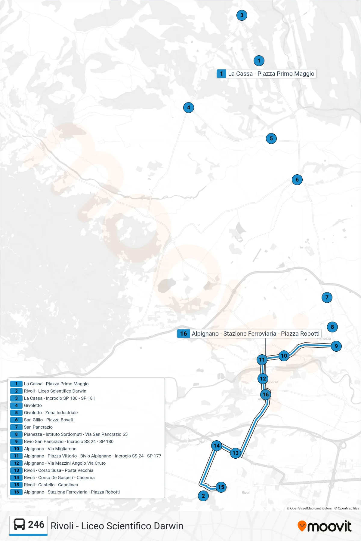 Linea 246 bus (Rivoli - Liceo Scientifico Darwin) - Percorsi e fermate sulla mappa