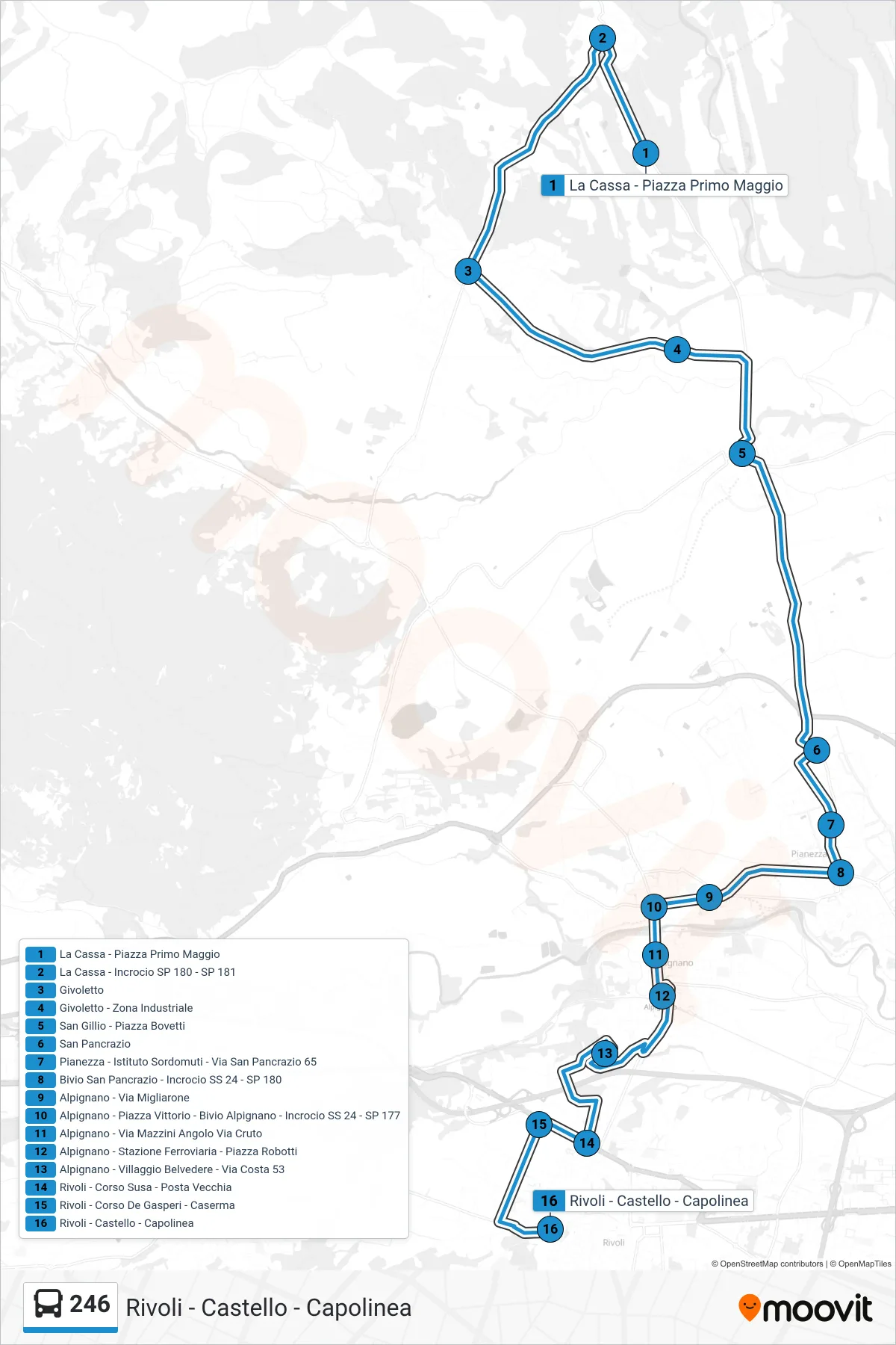 Linea 246  bus (Rivoli - Castello - Capolinea) - Percorsi e fermate sulla mappa