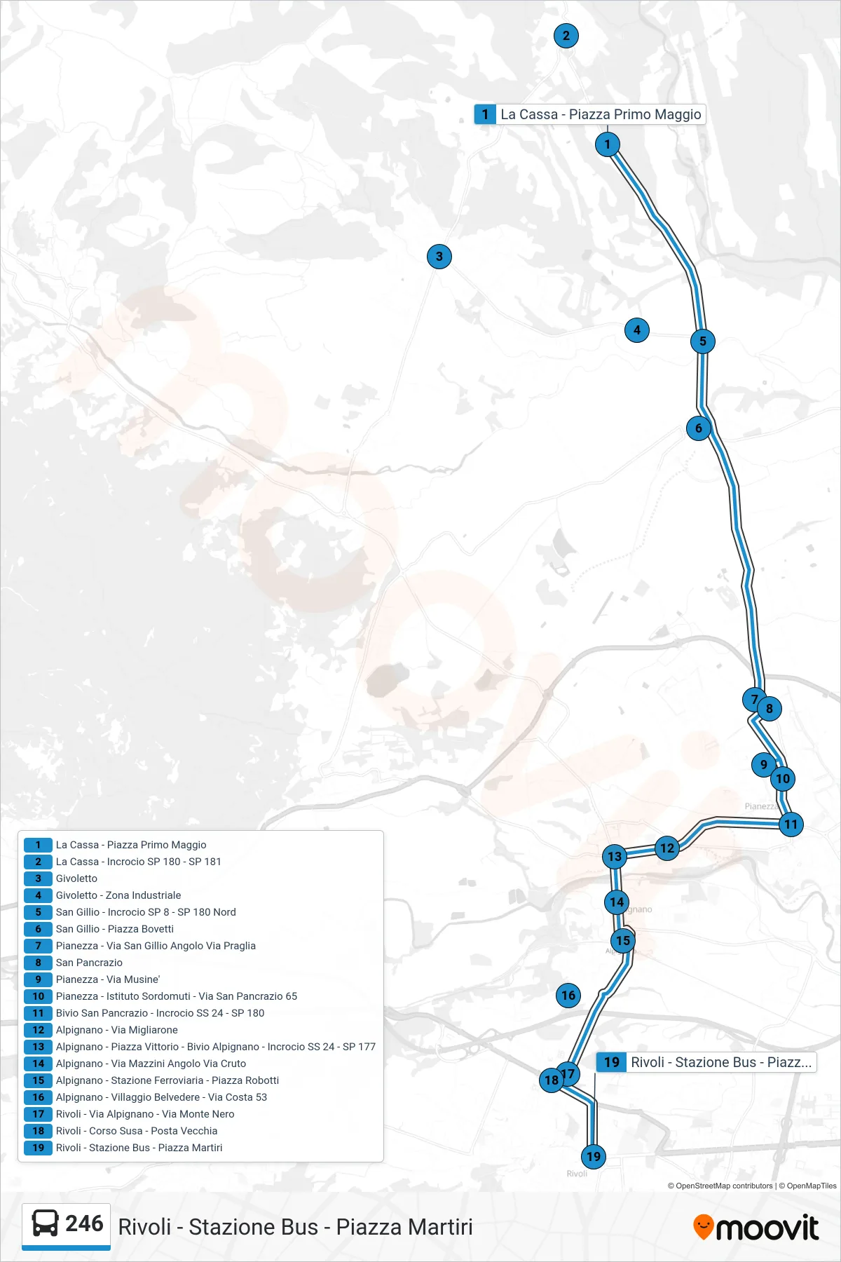 Linea 246  bus (Rivoli - Stazione Bus - Piazza Martiri) - Percorsi e fermate sulla mappa