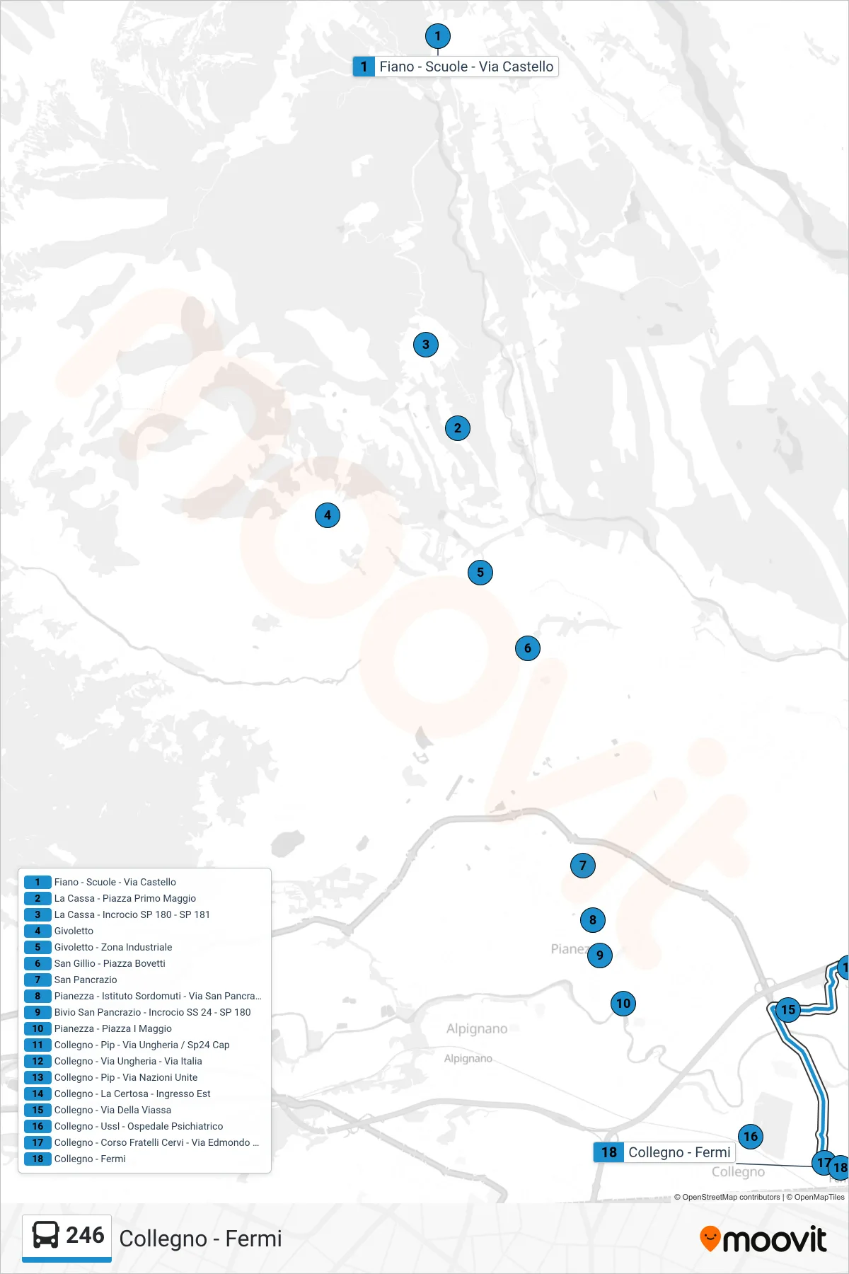 Linea 246 bus (Collegno - Fermi) - Percorsi e fermate sulla mappa