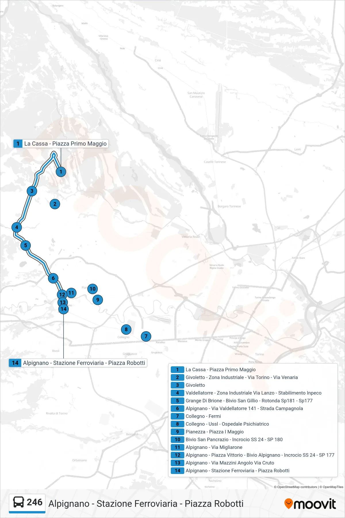 Linea 246 bus (Alpignano - Stazione Ferroviaria - Piazza Robotti) - Percorsi e fermate sulla mappa
