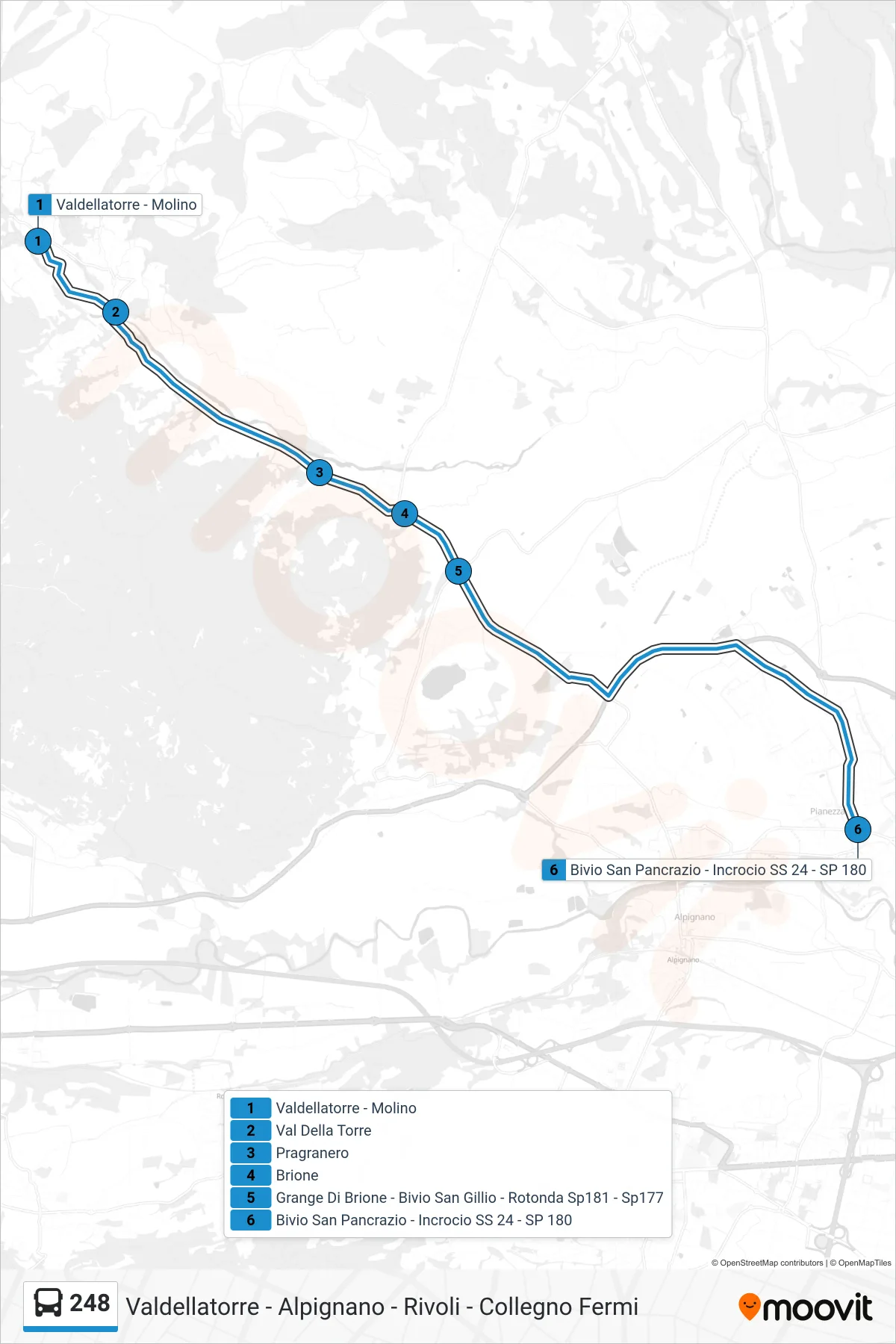 Linea 248  bus (Bivio San Pancrazio - Incrocio SS 24 - SP 180) - Percorsi e fermate sulla mappa