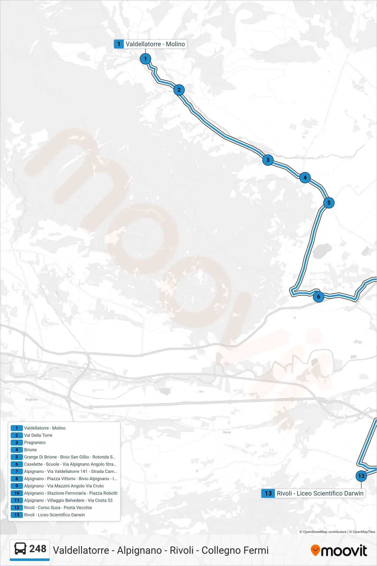 Linea 248 bus (Rivoli - Liceo Scientifico Darwin) - Percorsi e fermate sulla mappa