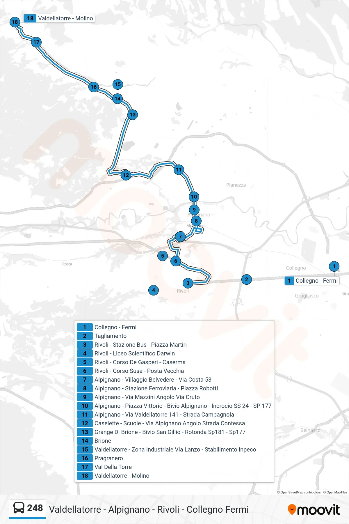 Linea 248  bus (Valdellatorre - Molino) - Percorsi e fermate sulla mappa