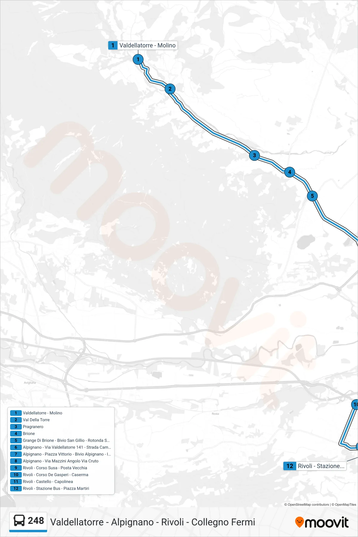 Linea 248  bus (Rivoli - Stazione Bus - Piazza Martiri) - Percorsi e fermate sulla mappa