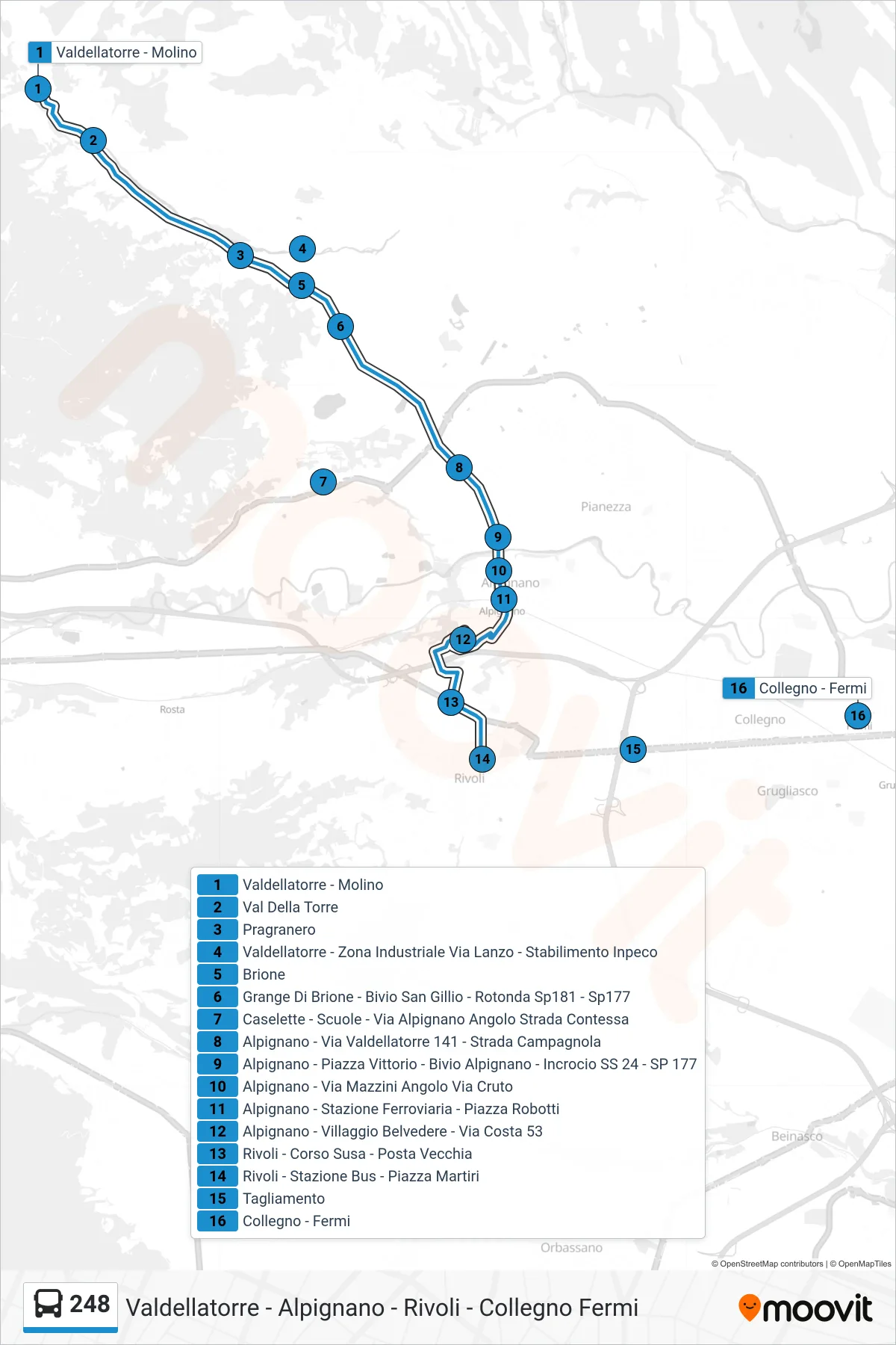 Linea 248 bus (Collegno - Fermi) - Percorsi e fermate sulla mappa