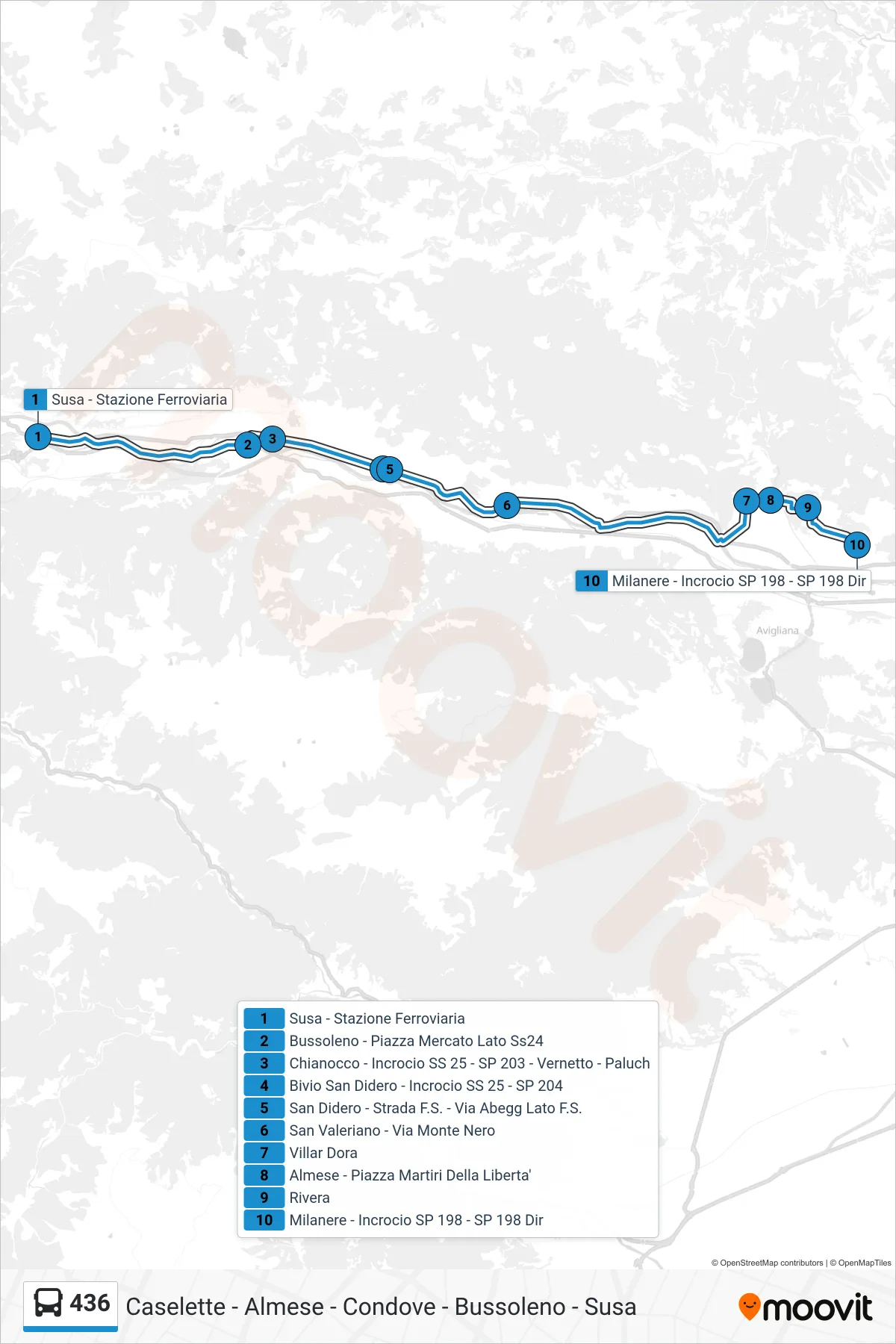 Linea 436  bus (Milanere - Incrocio SP 198 - SP 198 Dir) - Percorsi e fermate sulla mappa