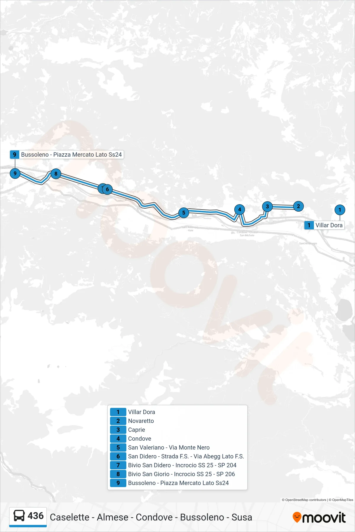 Linea 436 bus (Bussoleno - Piazza Mercato Lato Ss24) - Percorsi e fermate sulla mappa