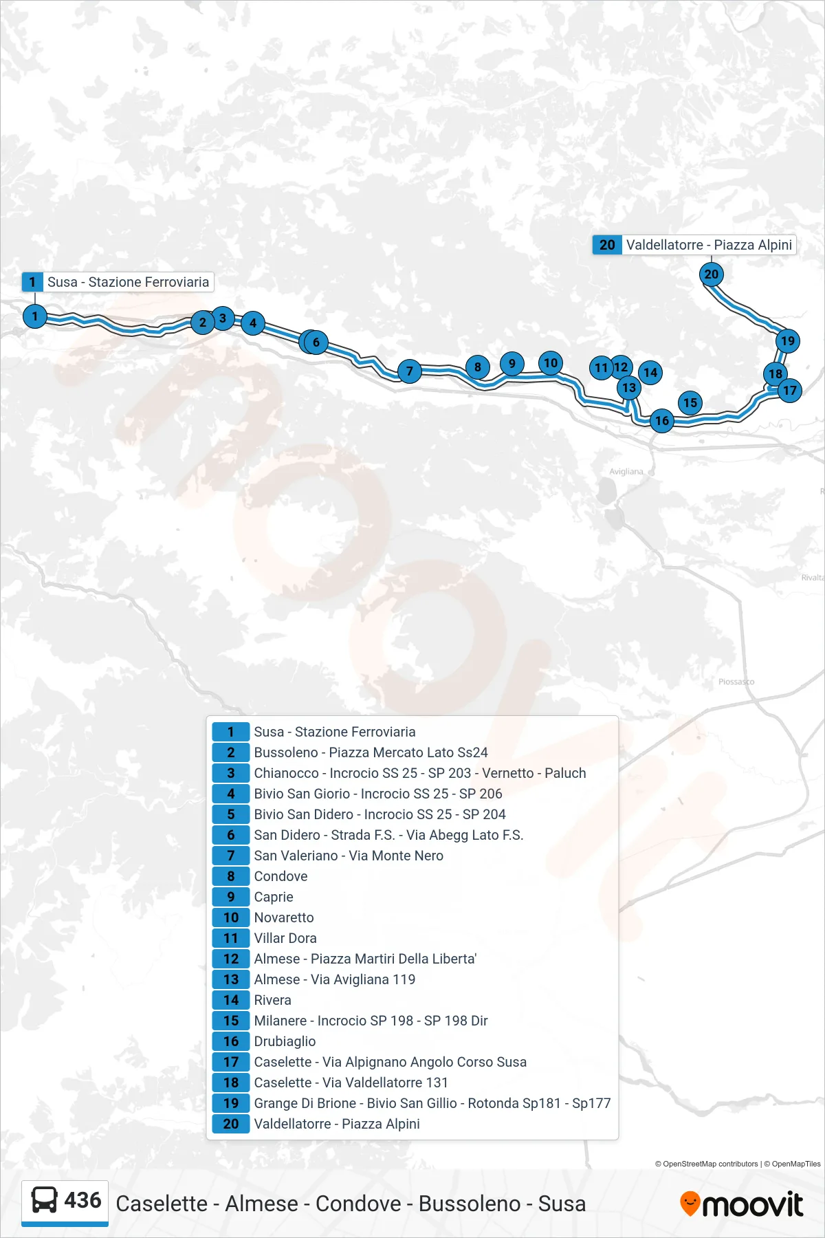 Linea 436  bus (Valdellatorre - Piazza Alpini) - Percorsi e fermate sulla mappa