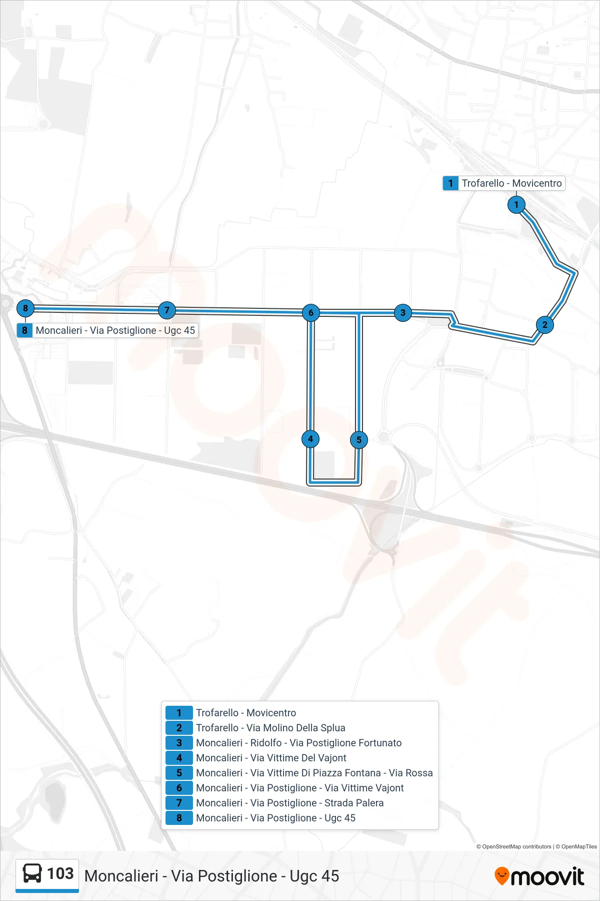 Linea 103 bus (Moncalieri - Via Postiglione - Ugc 45) - Percorsi e fermate sulla mappa