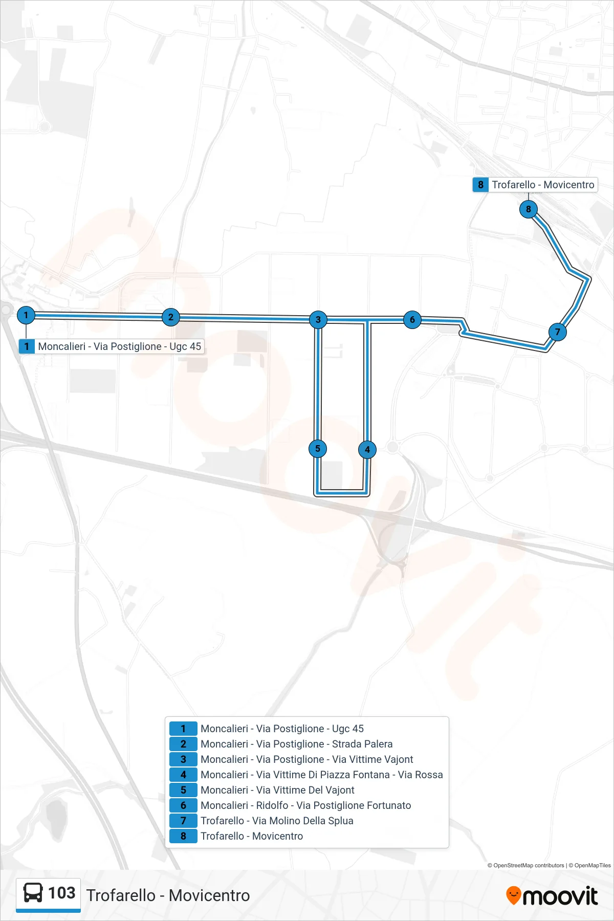 Linea 103  bus (Trofarello - Movicentro) - Percorsi e fermate sulla mappa