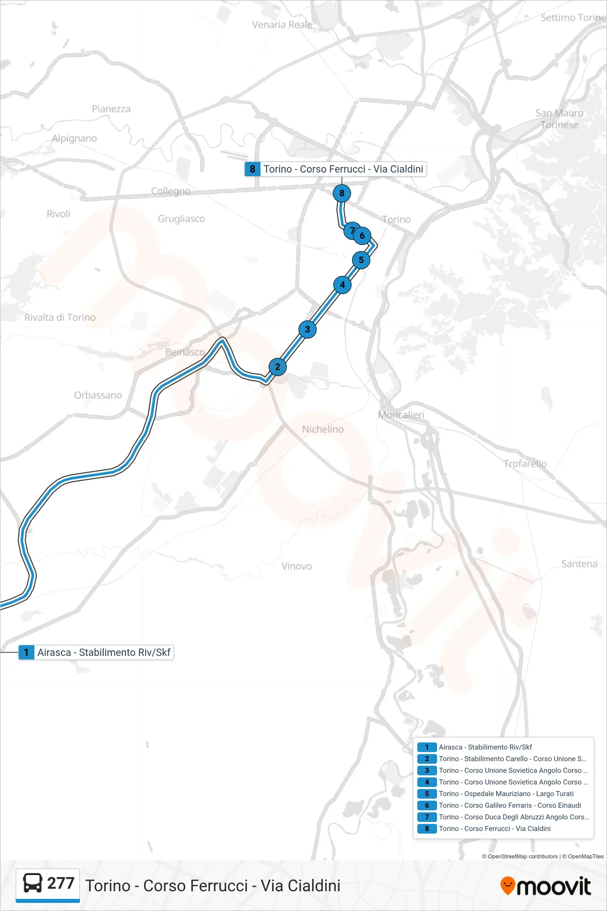Linea 277 bus (Torino - Corso Ferrucci - Via Cialdini) - Percorsi e fermate sulla mappa