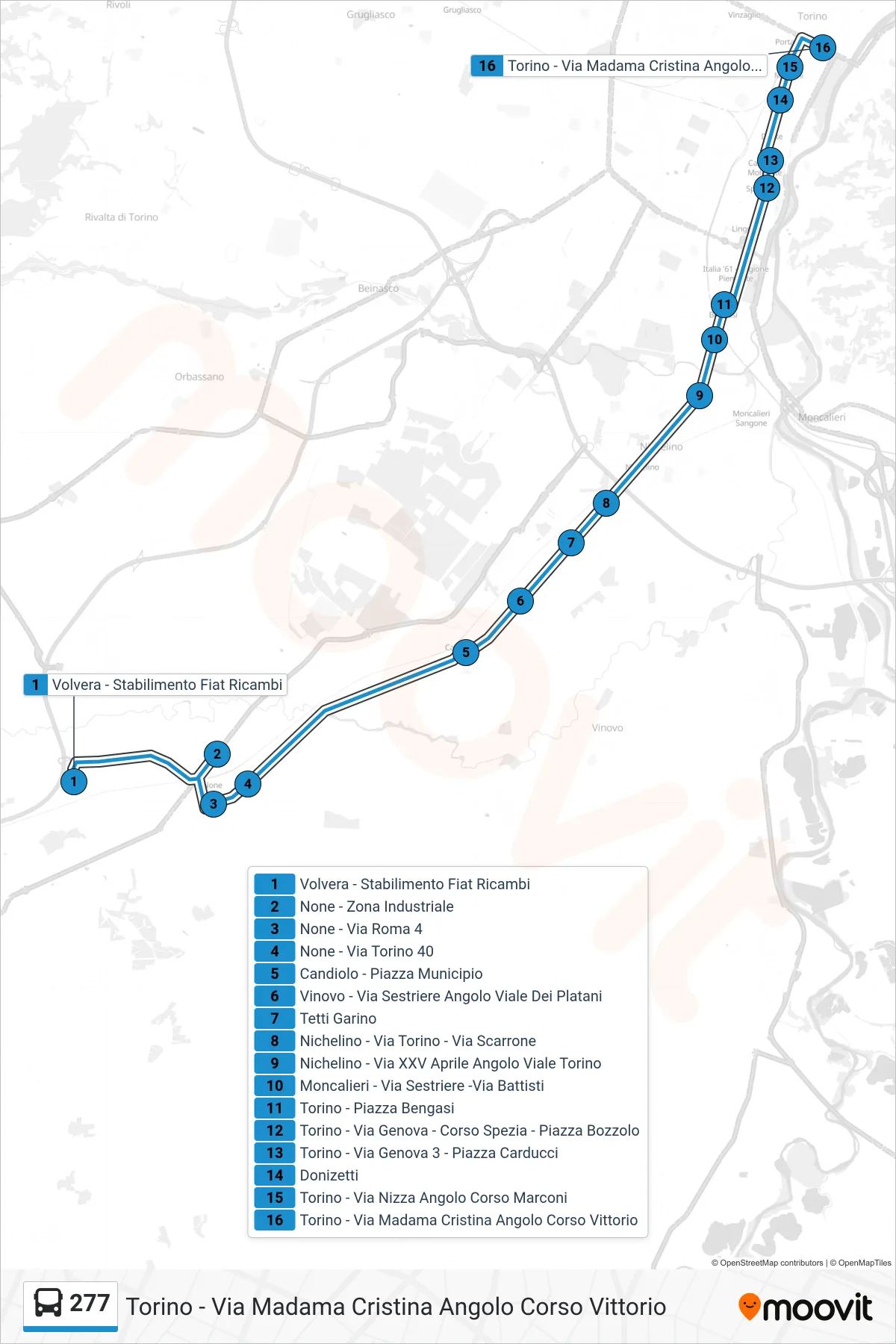 Linea 277 bus (Torino - Via Madama Cristina Angolo Corso Vittorio) - Percorsi e fermate sulla mappa