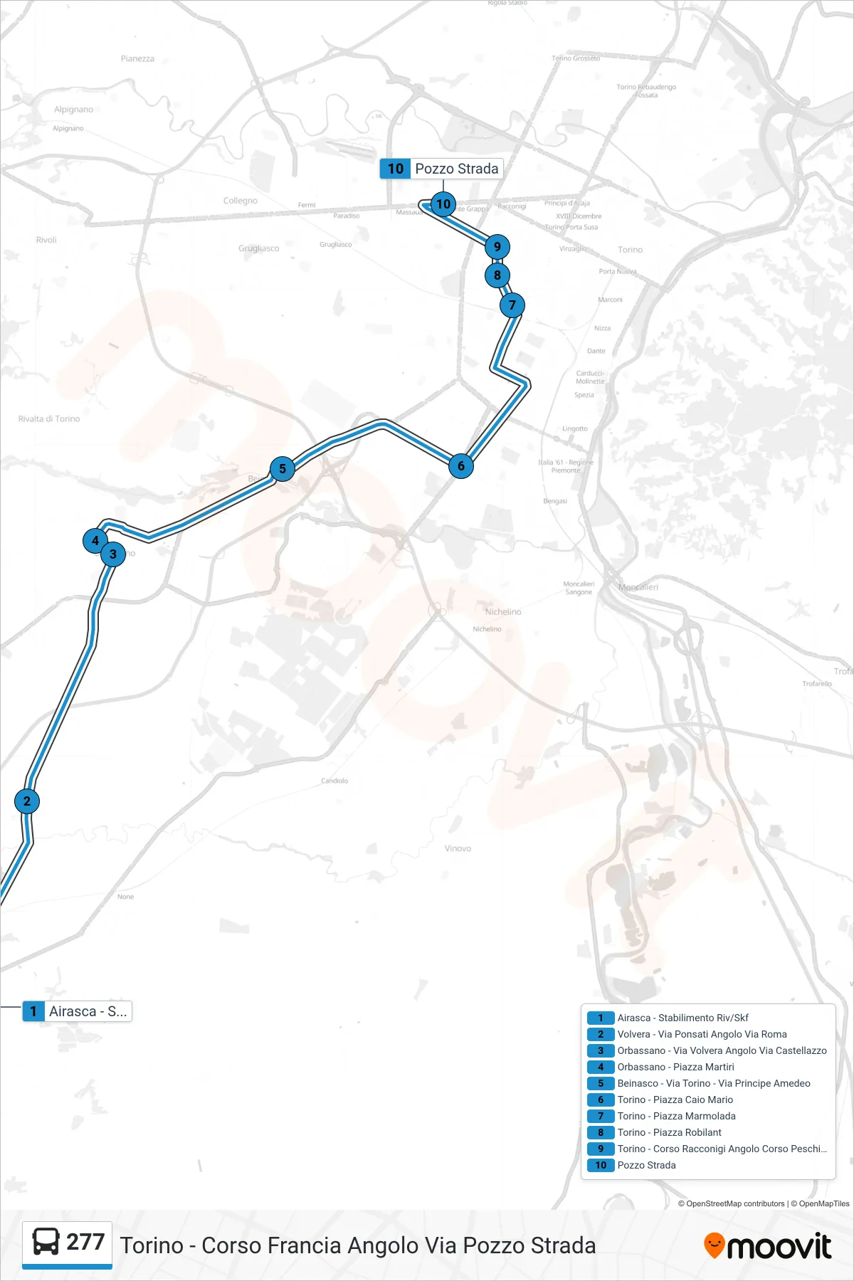 Linea 277  bus (Torino - Corso Francia Angolo Via Pozzo Strada) - Percorsi e fermate sulla mappa