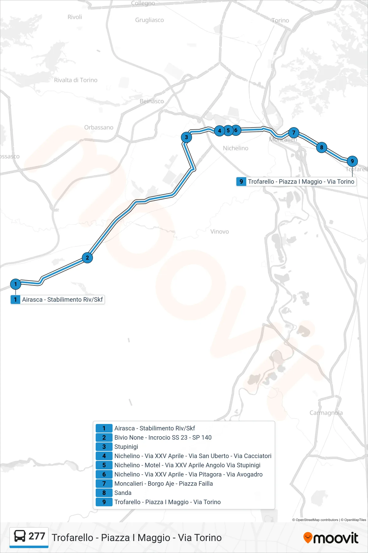 Linea 277 bus (Trofarello - Piazza I Maggio - Via Torino) - Percorsi e fermate sulla mappa