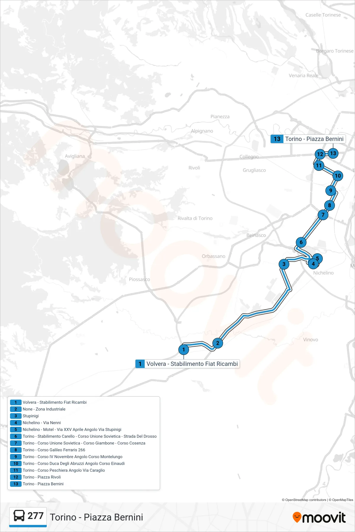Linea 277 bus (Torino - Piazza Bernini) - Percorsi e fermate sulla mappa
