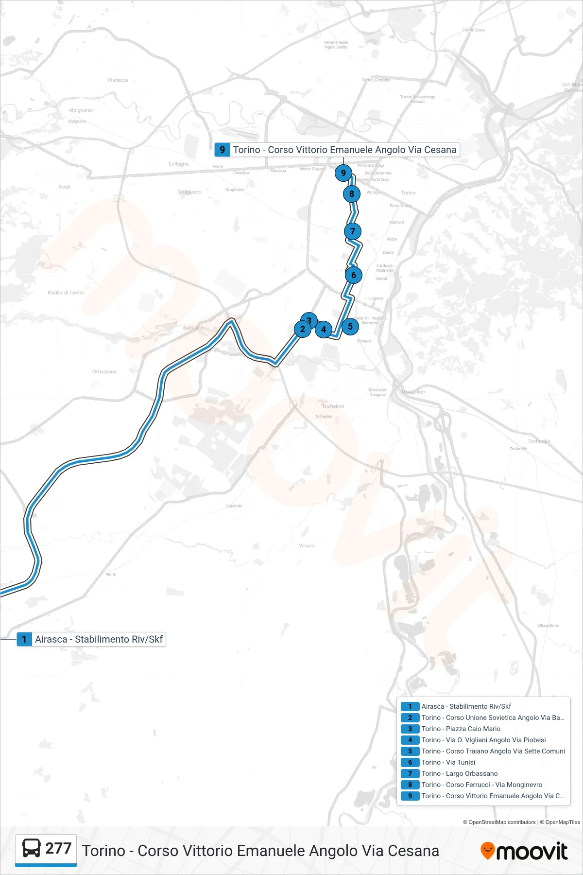 Linea 277 bus (Torino - Corso Vittorio Emanuele Angolo Via Cesana) - Percorsi e fermate sulla mappa