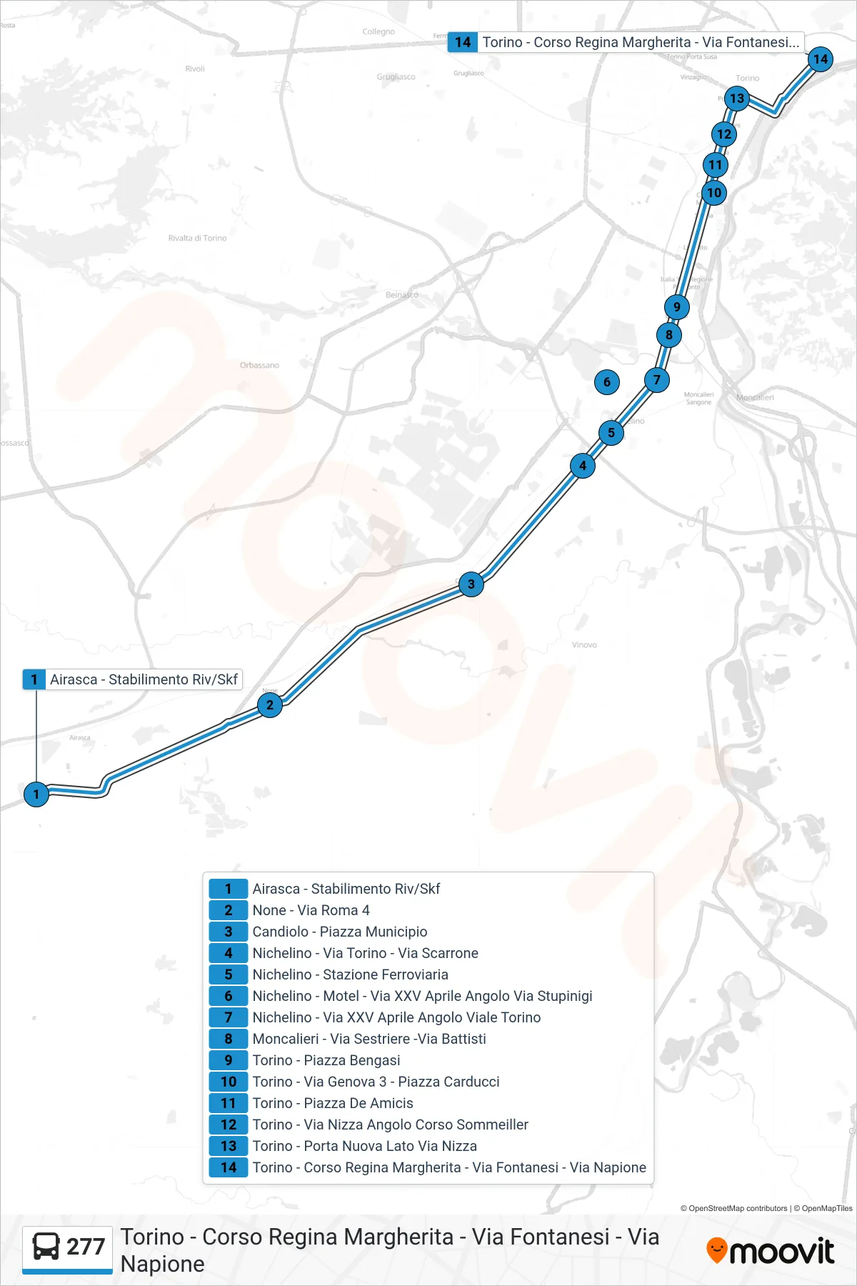 Linea 277 bus (Torino - Corso Regina Margherita - Via Fontanesi - Via Napione) - Percorsi e fermate sulla mappa