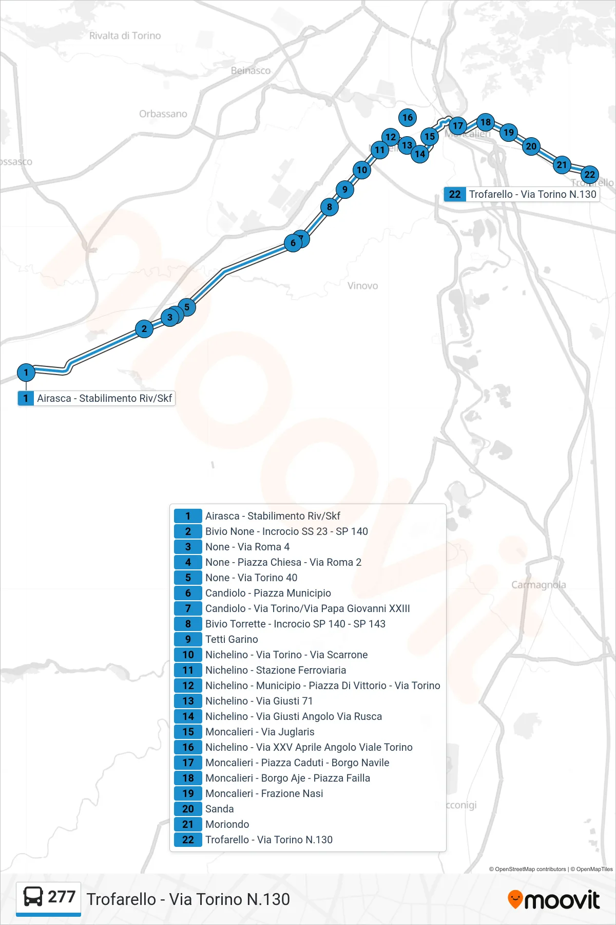 Linea 277 bus (Trofarello - Via Torino N.130) - Percorsi e fermate sulla mappa