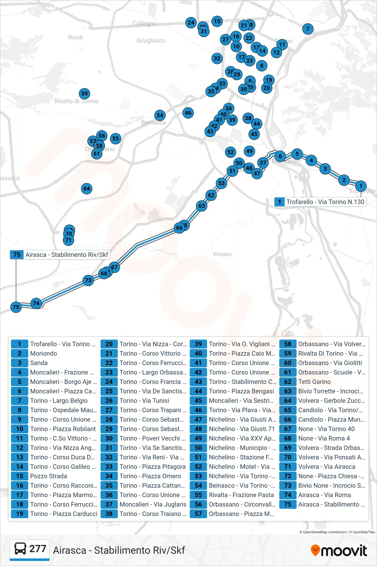 Linea 277 bus (Airasca - Stabilimento Riv/Skf) - Percorsi e fermate sulla mappa