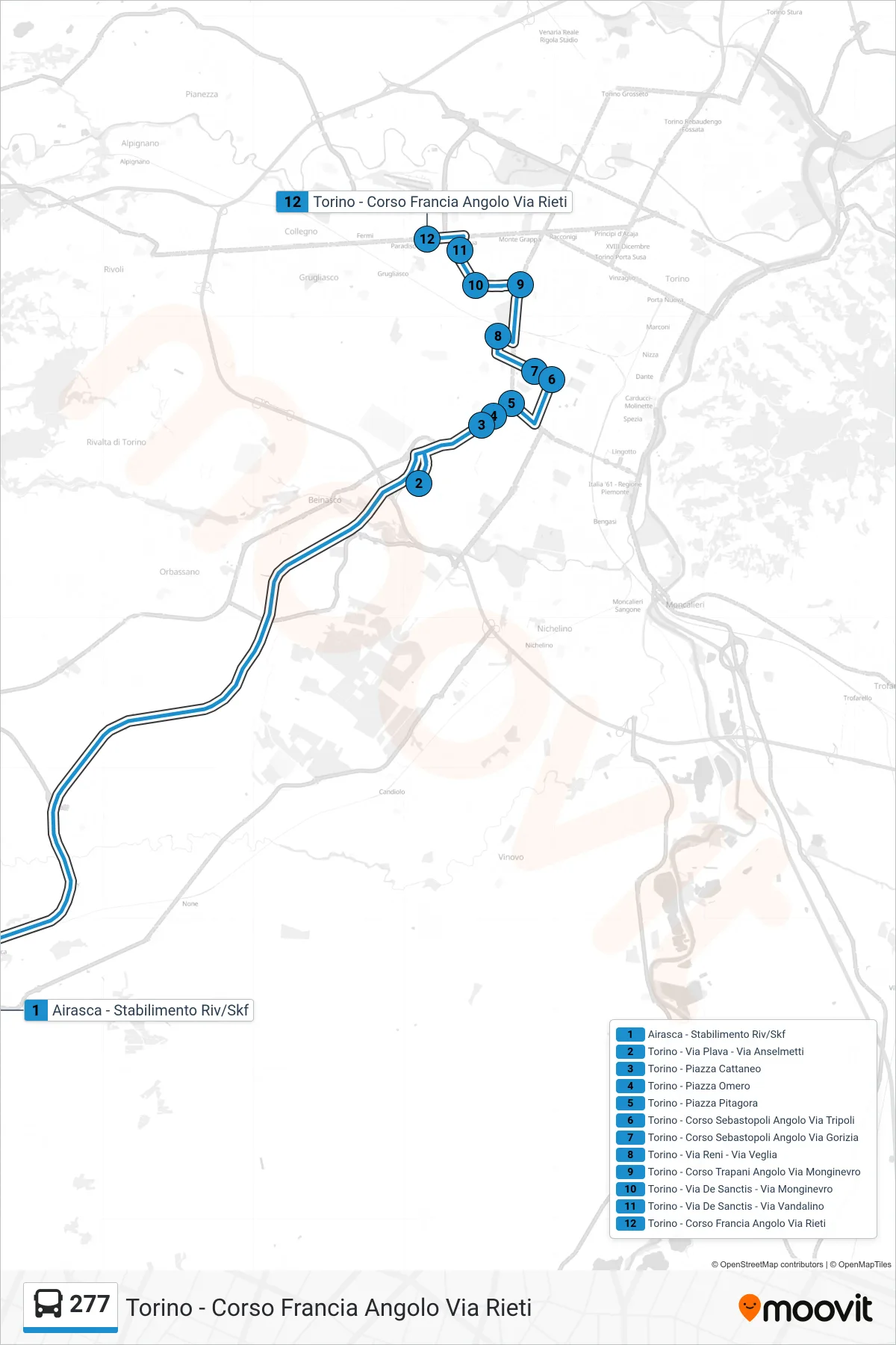 Linea 277 bus (Torino - Corso Francia Angolo Via Rieti) - Percorsi e fermate sulla mappa