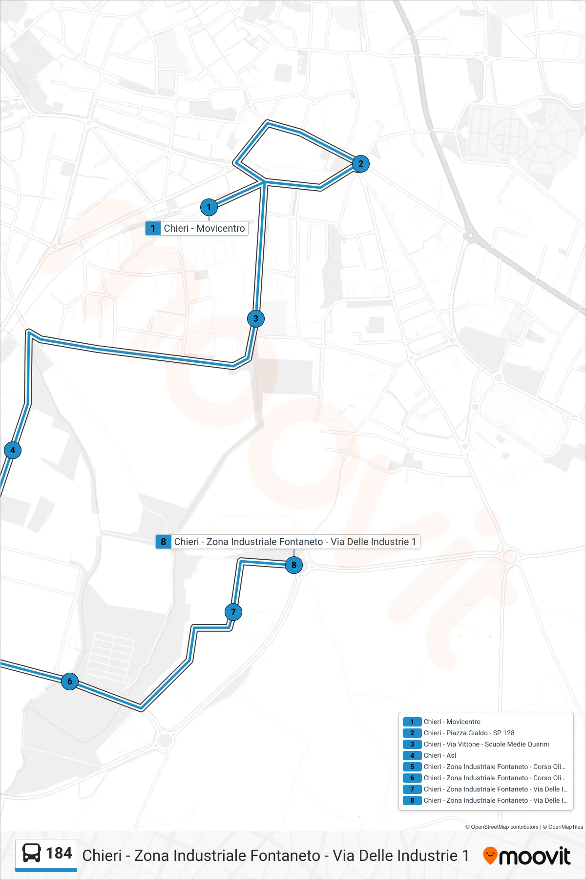 Linea 184 bus (Chieri - Zona Industriale Fontaneto - Via Delle Industrie 1) - Percorsi e fermate sulla mappa