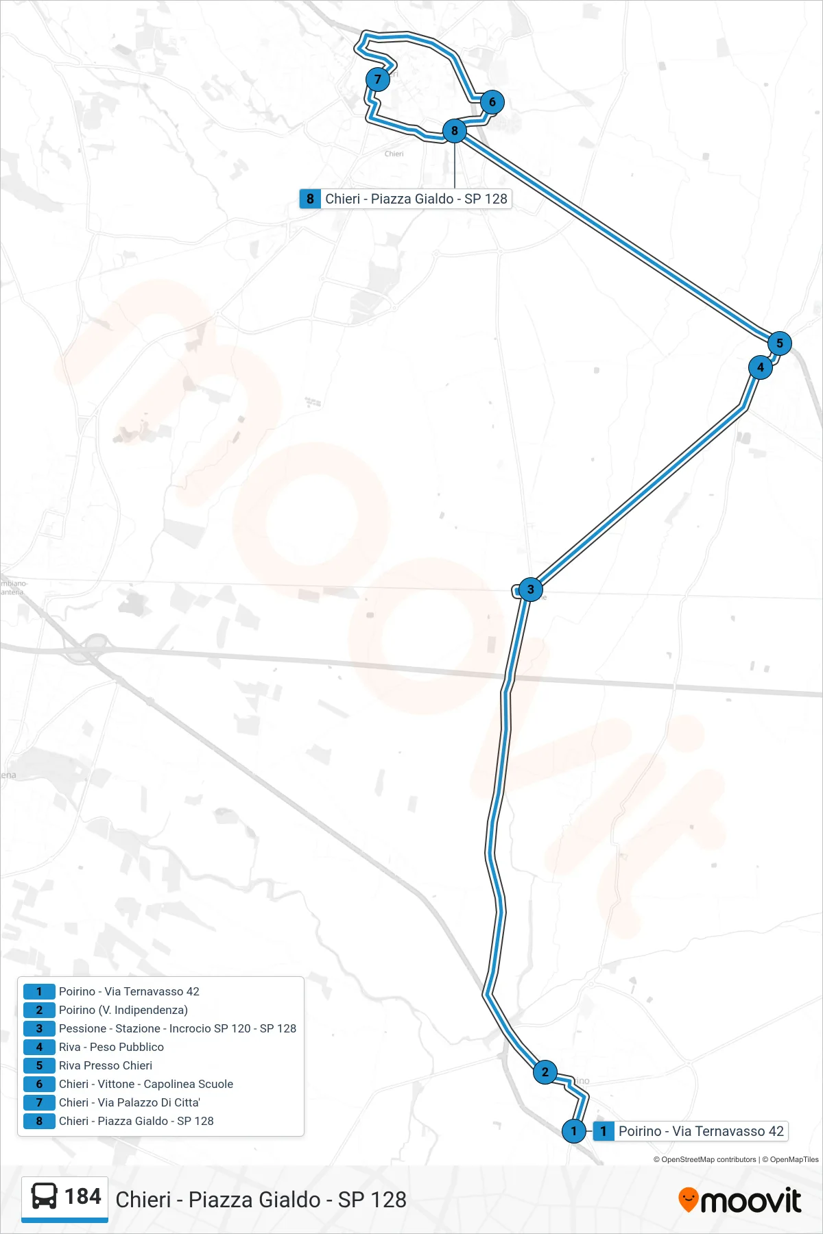 Linea 184 bus (Chieri - Piazza Gialdo - SP 128) - Percorsi e fermate sulla mappa
