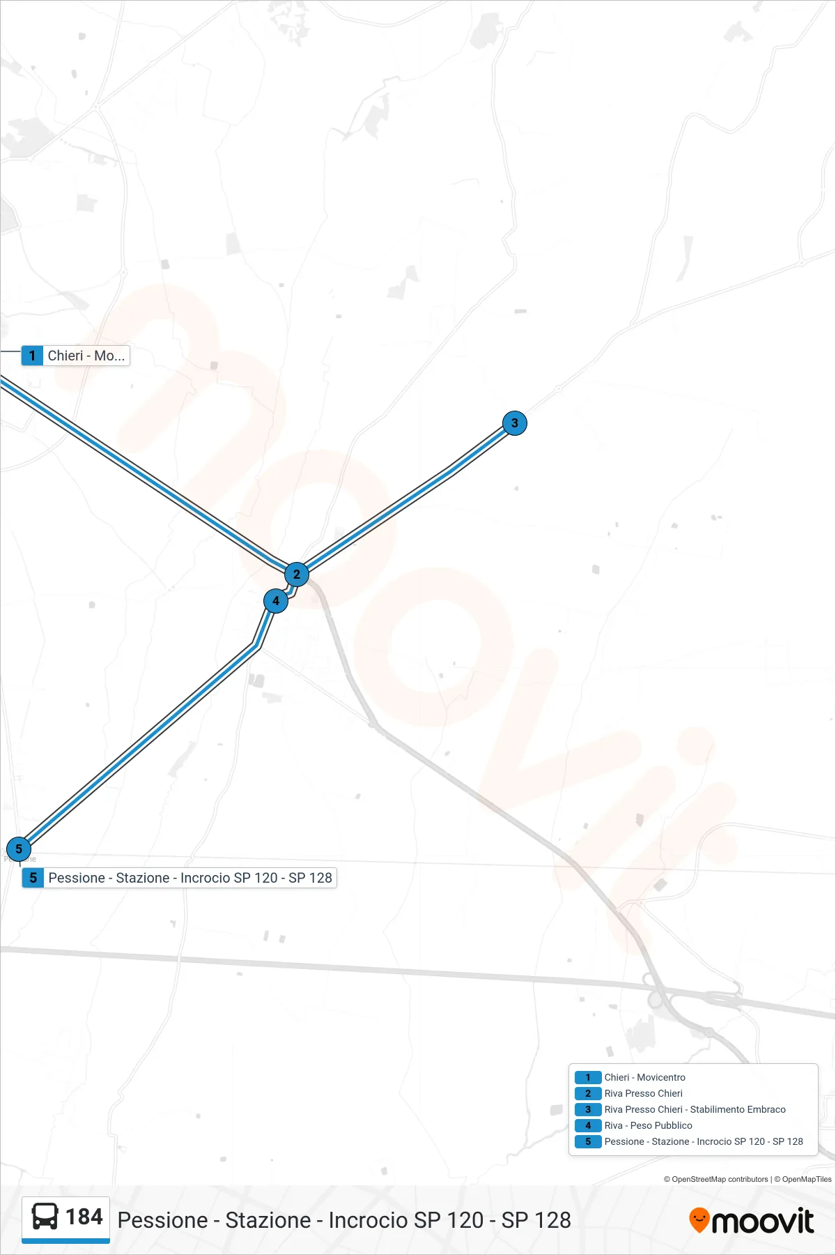 Linea 184 bus (Pessione - Stazione - Incrocio SP 120 - SP 128) - Percorsi e fermate sulla mappa