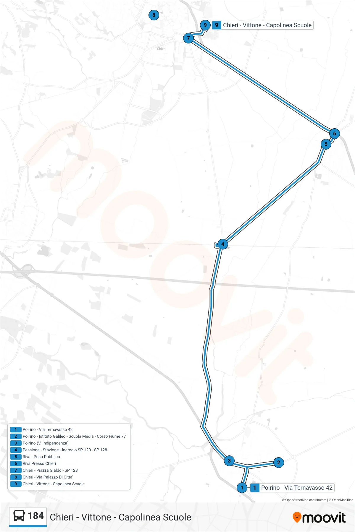 Linea 184  bus (Chieri - Vittone - Capolinea Scuole) - Percorsi e fermate sulla mappa