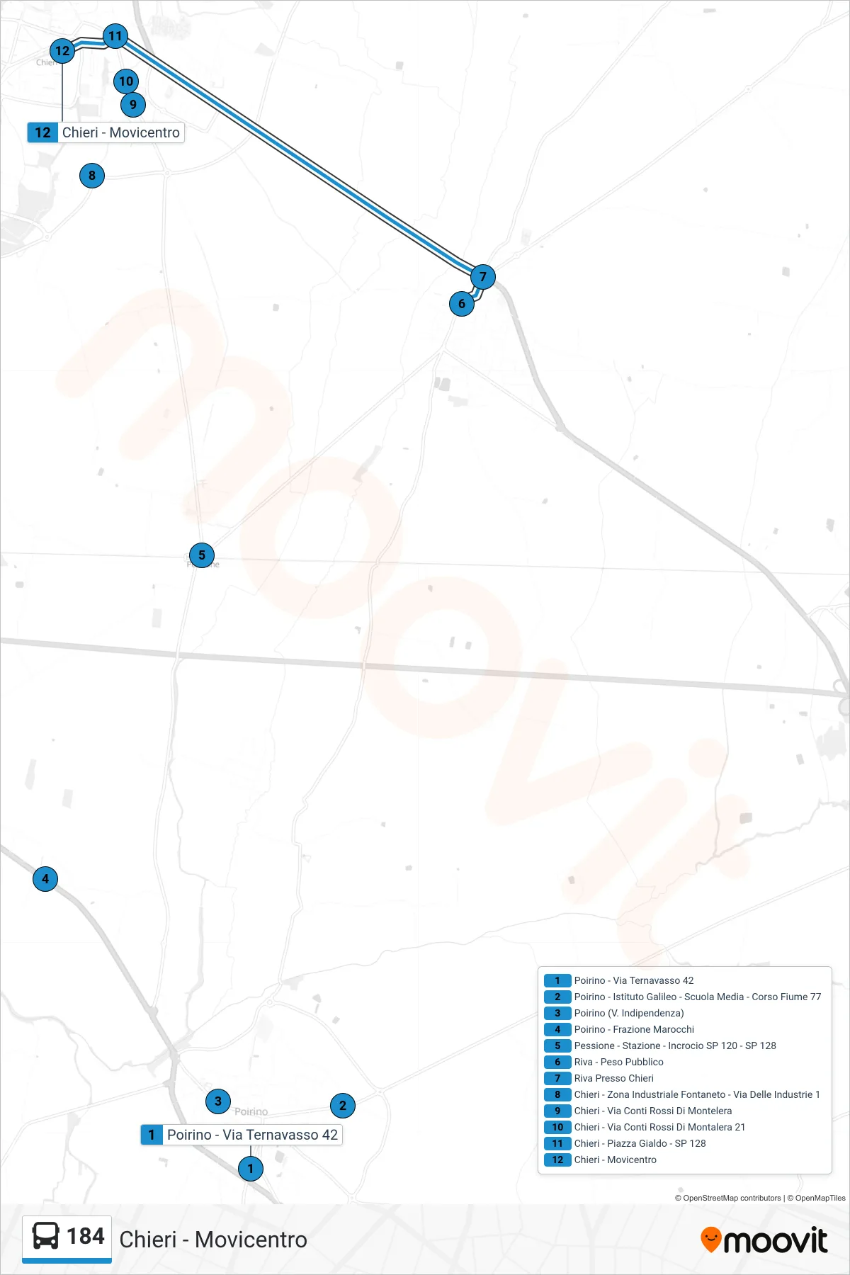 Linea 184 bus (Chieri - Movicentro) - Percorsi e fermate sulla mappa