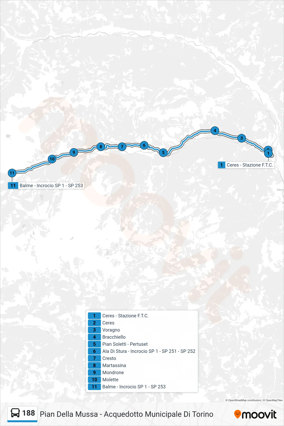 Linea 188 bus (Pian Della Mussa - Acquedotto Municipale Di Torino) - Percorsi e fermate sulla mappa